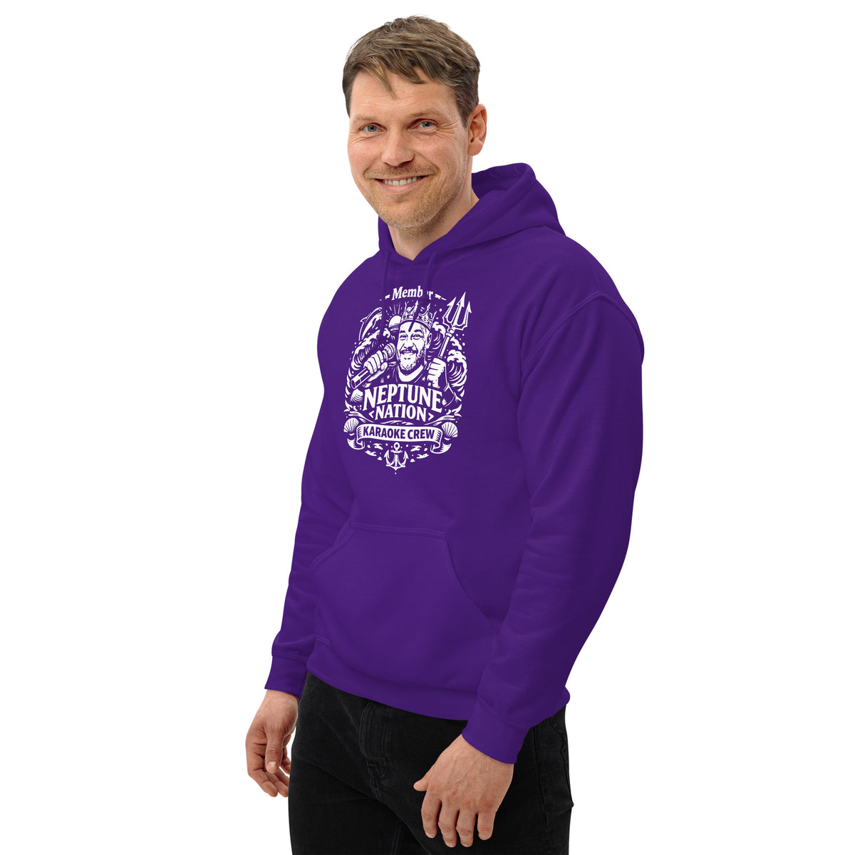 Purple pullover hoodie, left-front angled view, featuring KJ Neptune's Neptune Nation nautical microphone and trident badge.