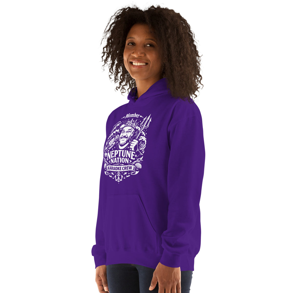 Purple pullover hoodie, left-front angled view, featuring KJ Neptune's Neptune Nation nautical microphone and trident badge.