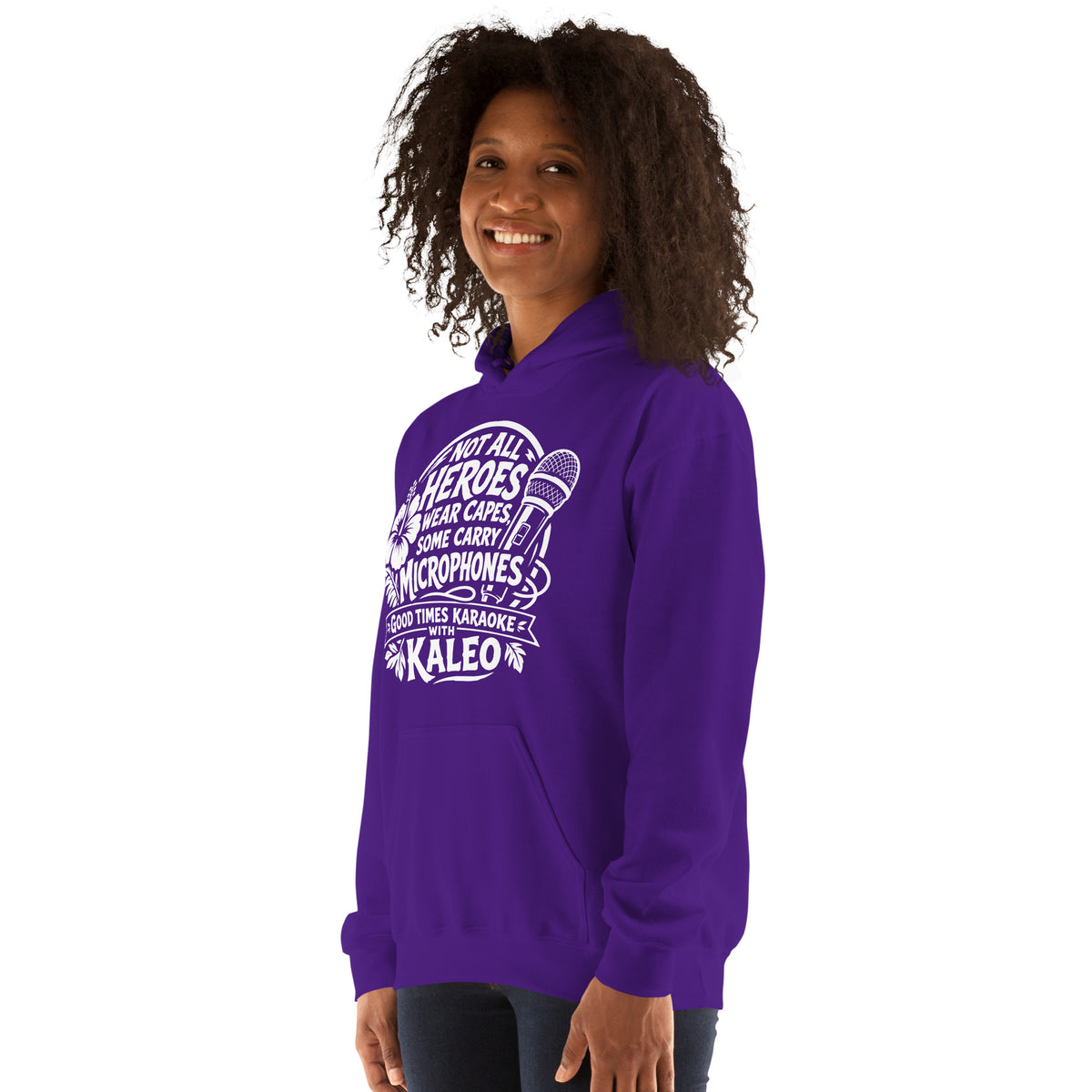 Purple pullover hoodie, left-front angled view, featuring Kaleo's Karaoke Heroes 'Not All Heroes Wear Capes, Some Carry Microphones' graphic.