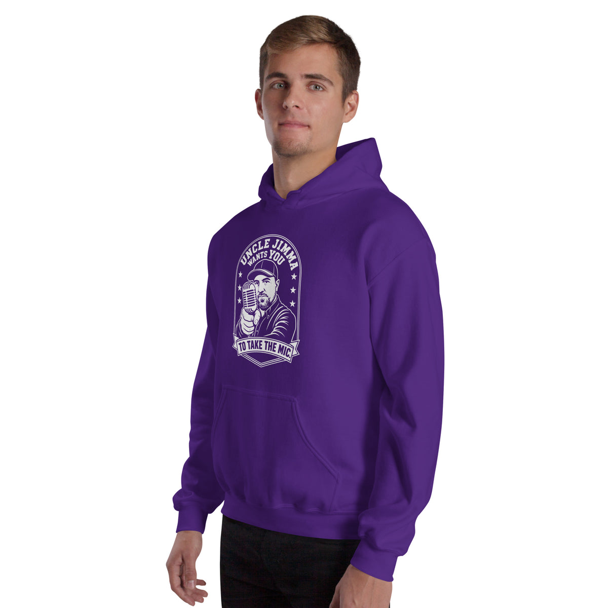 Purple pullover hoodie, left-front angled view, featuring Uncle Jimma Wants You to Take the Mic pointing portrait and microphone.