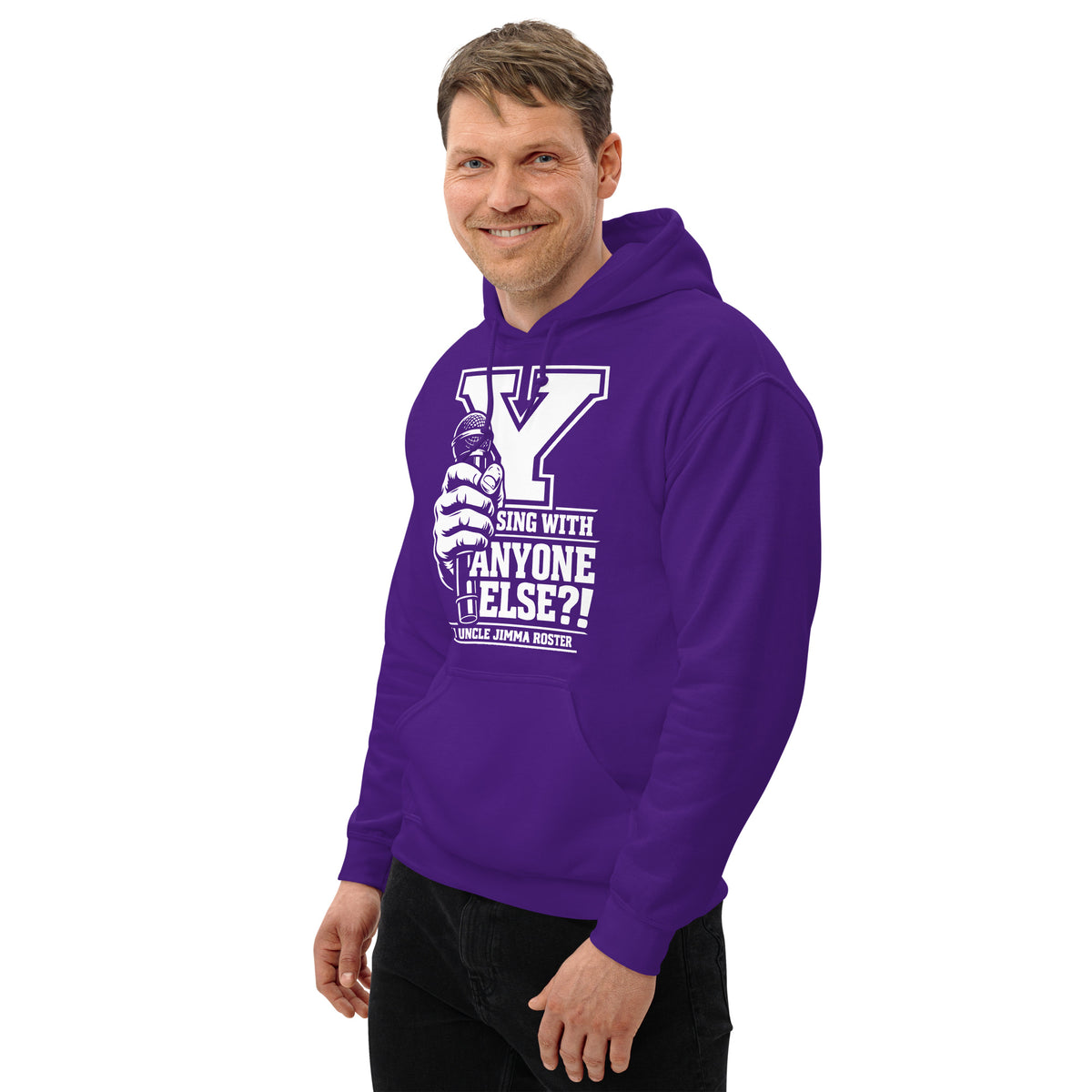 Purple pullover hoodie, left-front angled view, featuring Uncle Jimma Roster Anthem varsity Y with hand-held microphone.