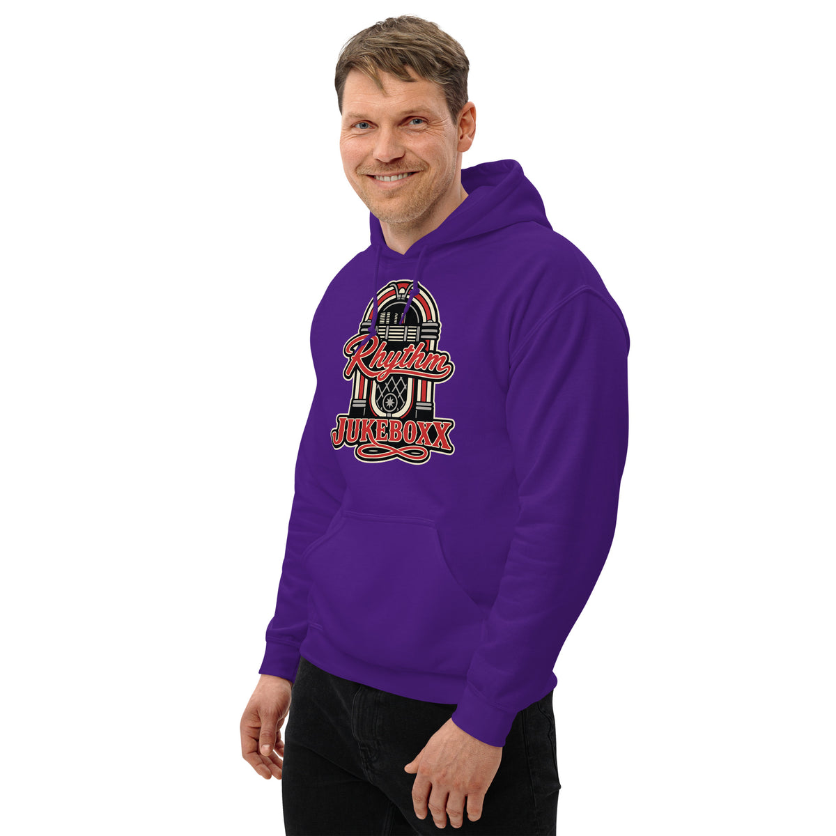 Purple pullover hoodie, left-front angled view, featuring Rhythm Jukeboxx red-and-cream retro jukebox graphic.