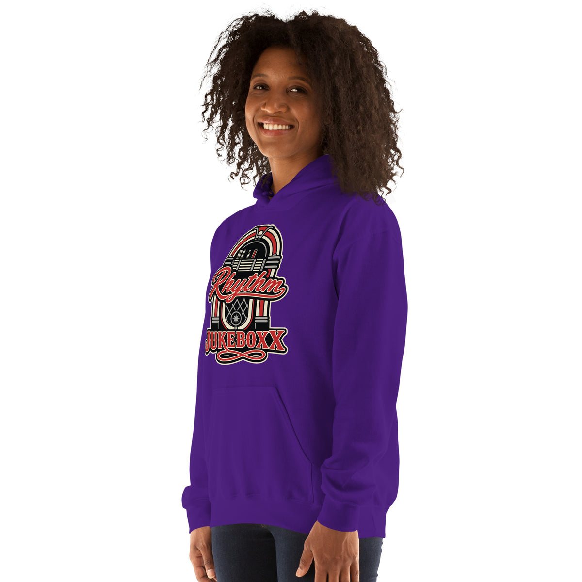Purple pullover hoodie, left-front angled view, featuring Rhythm Jukeboxx red-and-cream retro jukebox graphic.