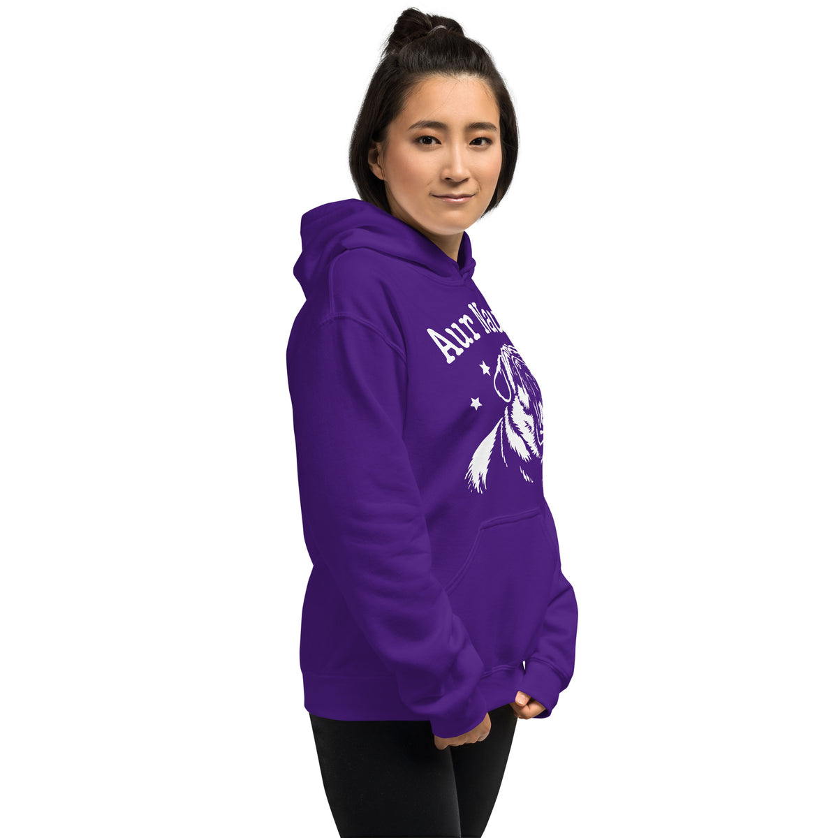 Purple pullover hoodie, right-front angled view, featuring Aur Naur white pug portrait and star-accented lettering.