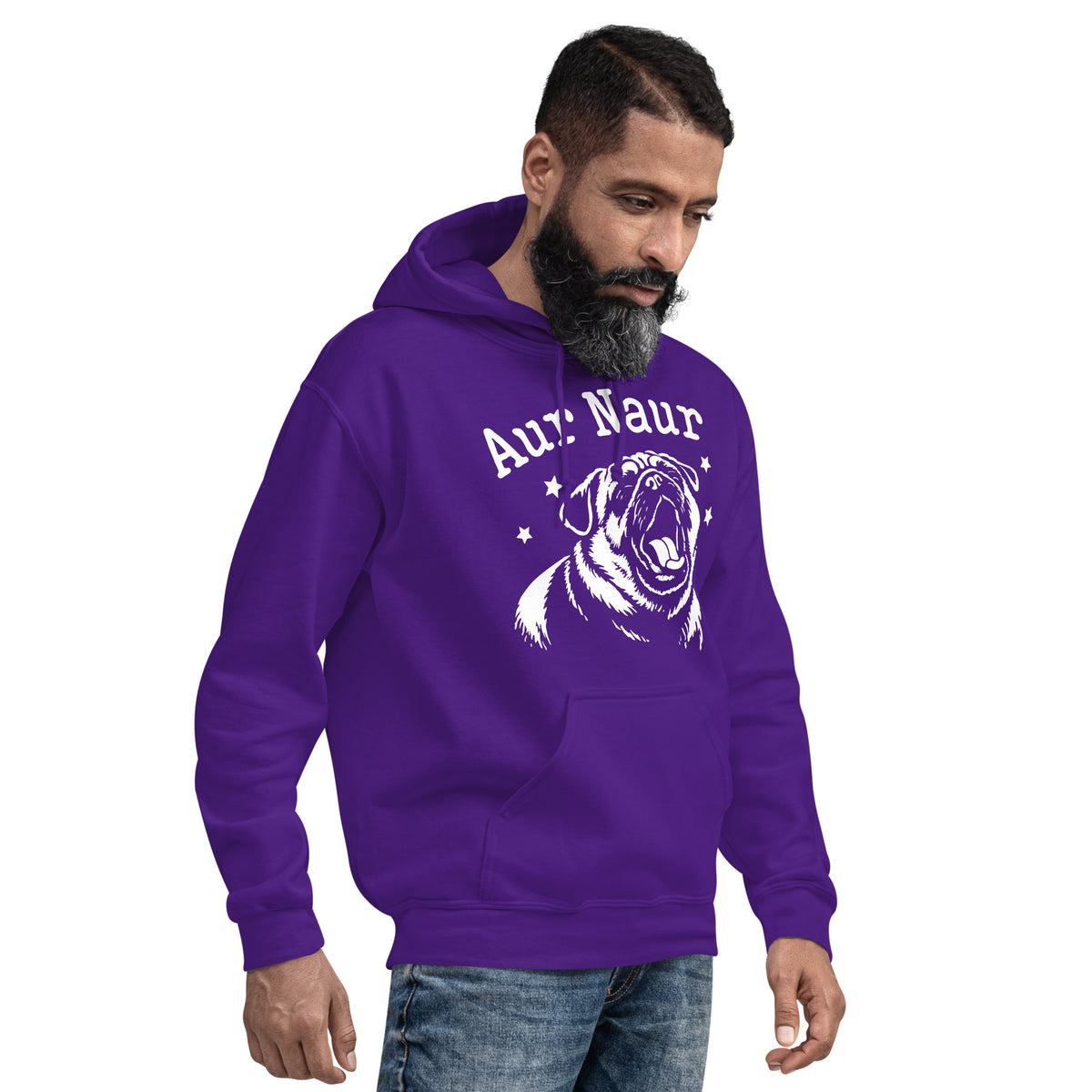 Purple pullover hoodie, right-front angled view, featuring Aur Naur white pug portrait and star-accented lettering.