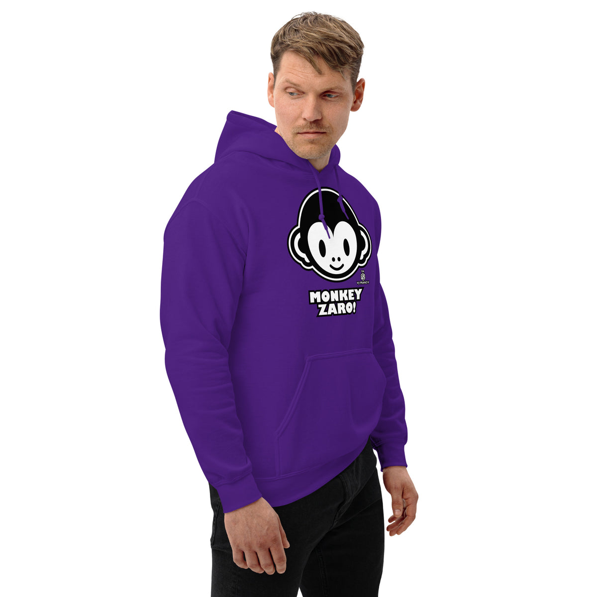 Purple pullover hoodie, right-front angled view, featuring Monkey Zaro! white cartoon monkey face and lettering.