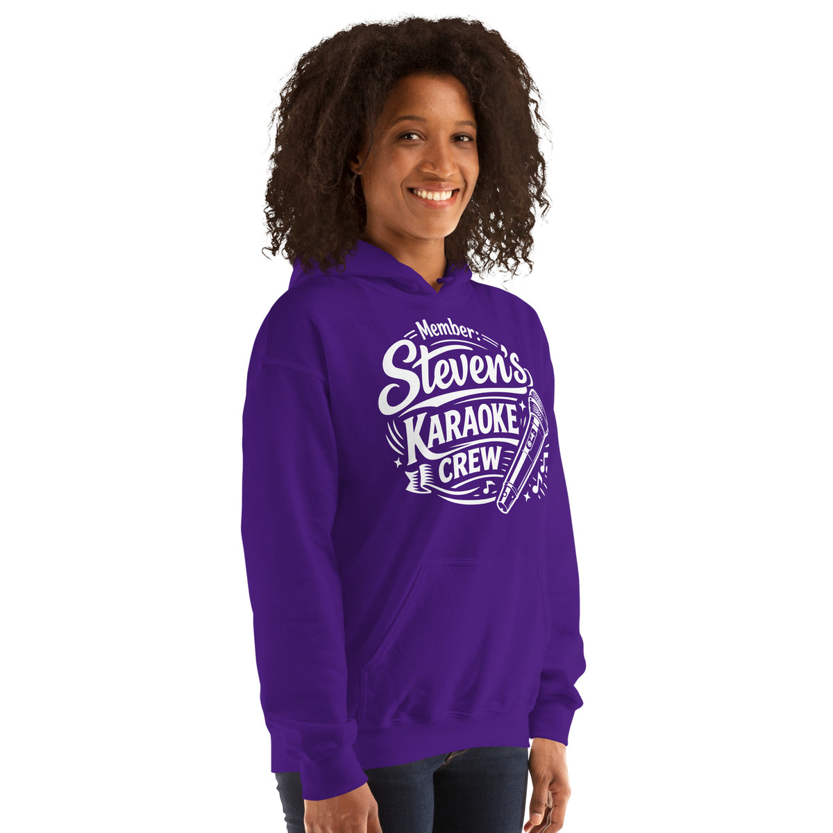 Purple pullover hoodie, right-front angled view, featuring Steven's Karaoke Crew lettering and microphone graphic.
