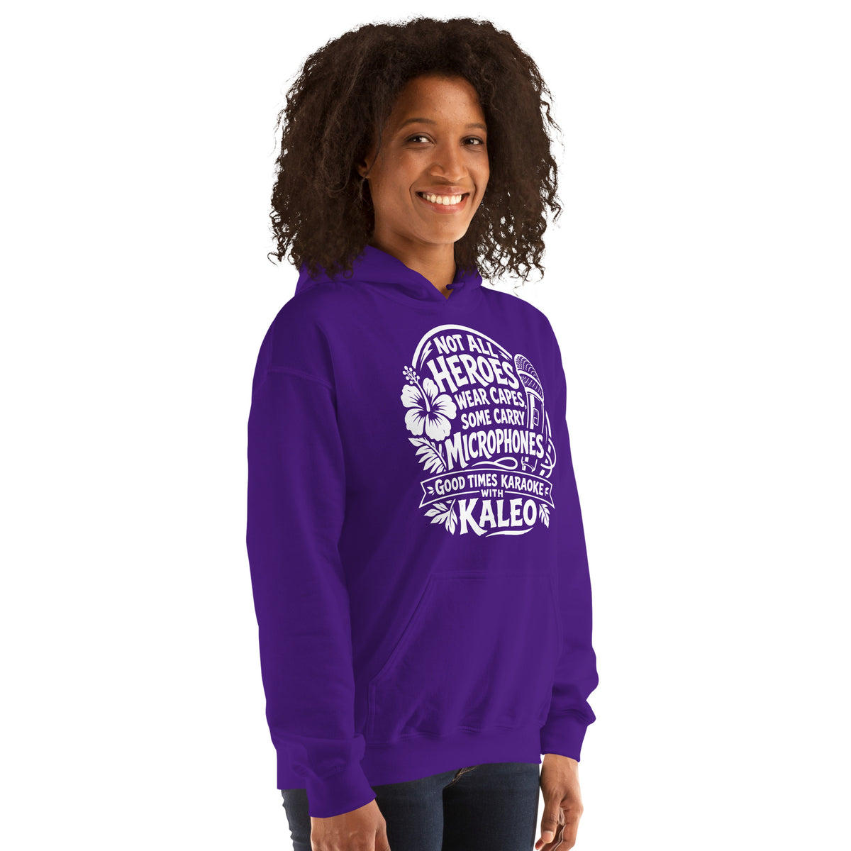 Purple pullover hoodie, right-front angled view, featuring Kaleo's Karaoke Heroes 'Not All Heroes Wear Capes, Some Carry Microphones' graphic.