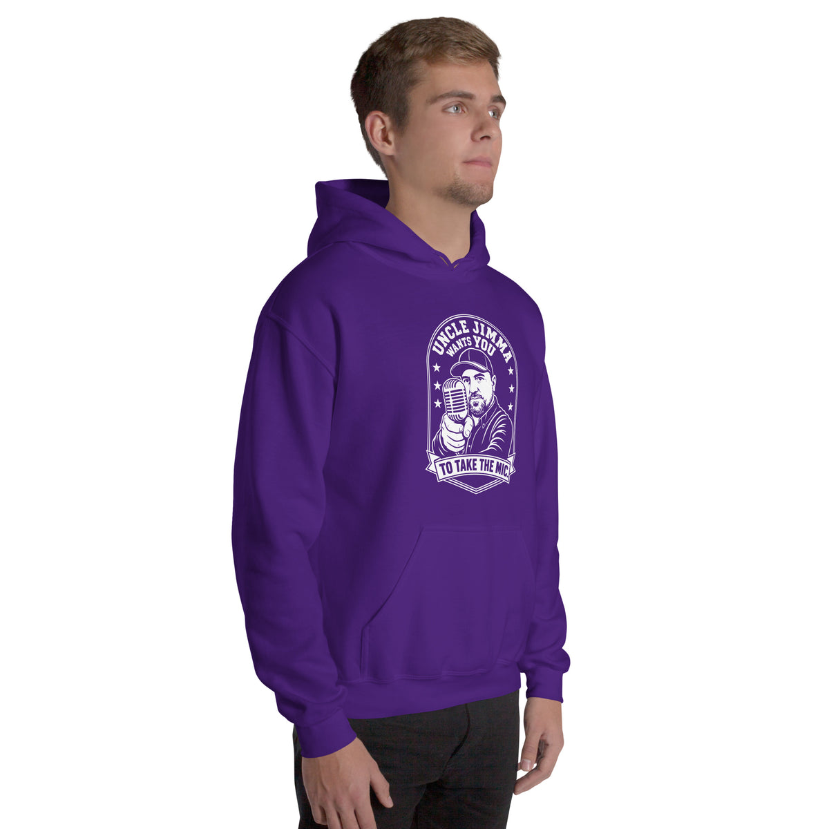 Purple pullover hoodie, right-front angled view, featuring Uncle Jimma Wants You to Take the Mic pointing portrait and microphone.