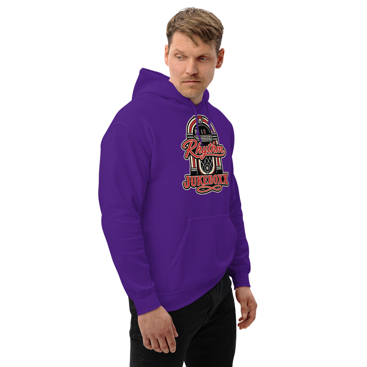 Purple pullover hoodie, right-front angled view, featuring Rhythm Jukeboxx red-and-cream retro jukebox graphic.