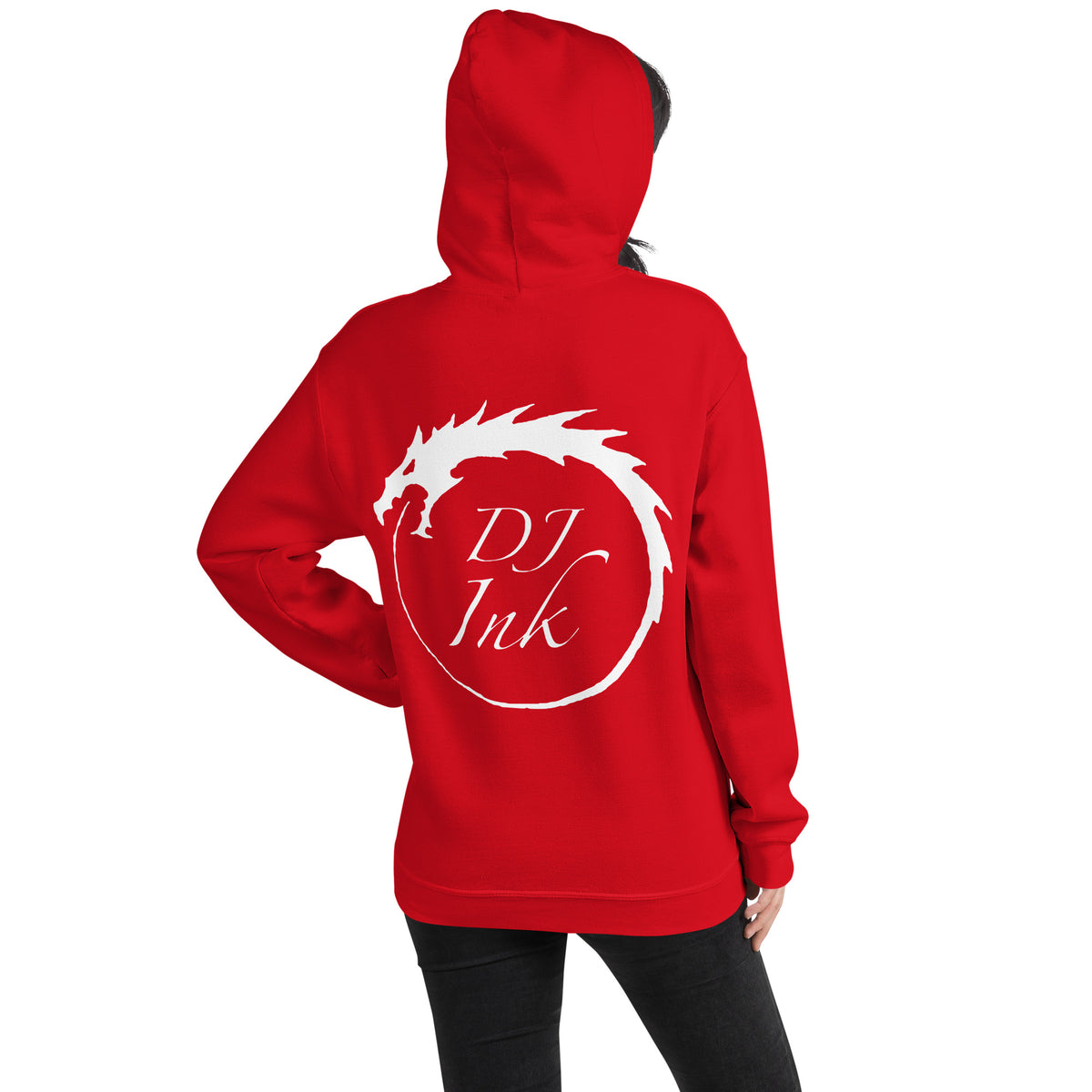Red pullover hoodie, back view, for the DJ Ink white Ouroboros dragon-circle logo.