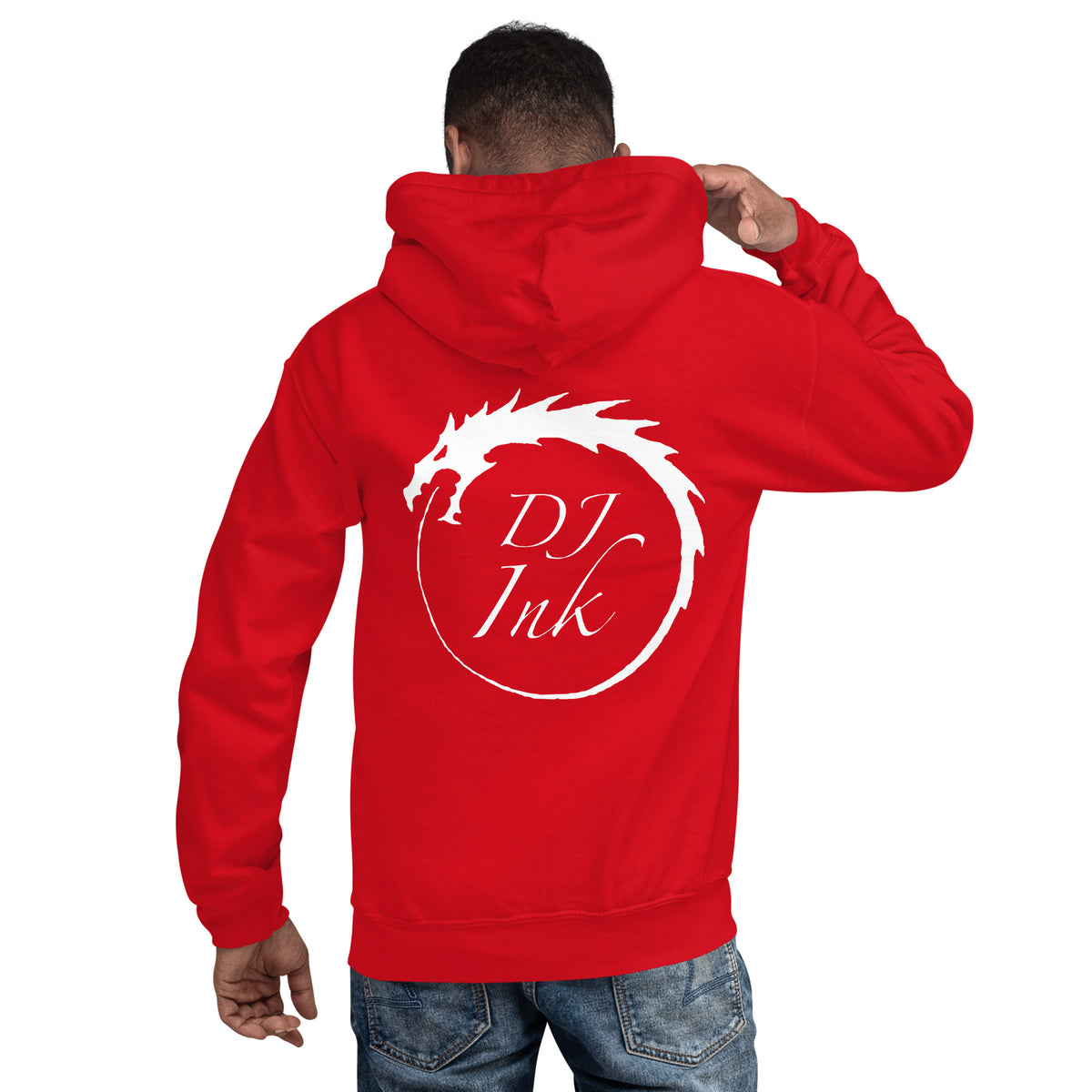 Red pullover hoodie, back view, for the DJ Ink white Ouroboros dragon-circle logo.