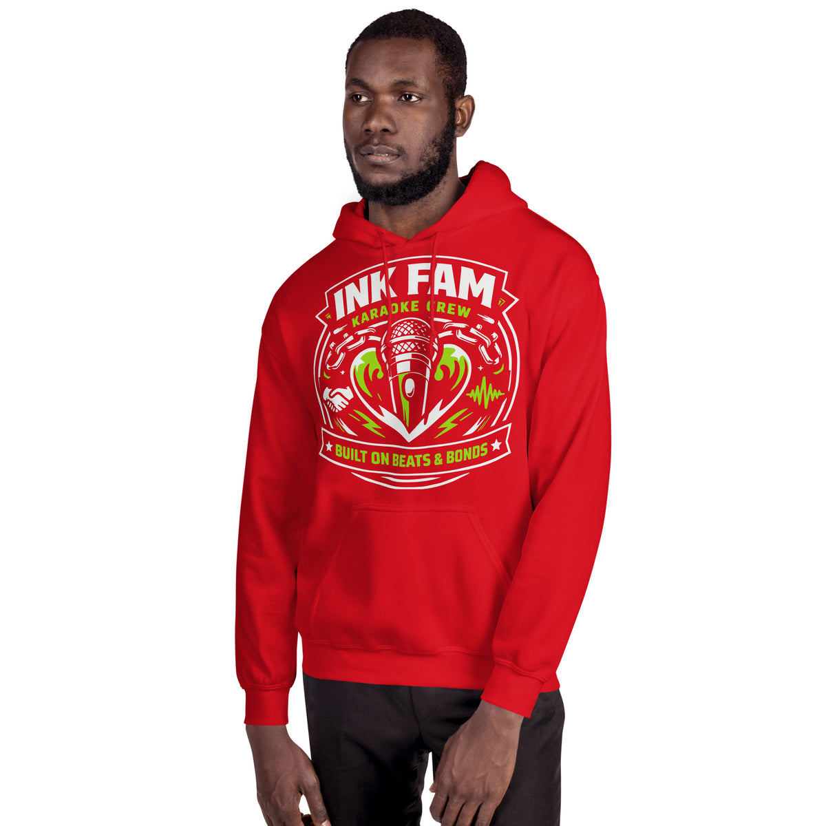 Red pullover hoodie, alternate front view, featuring DJ Ink Beats & Bonds shield with a microphone and green-and-white lettering.