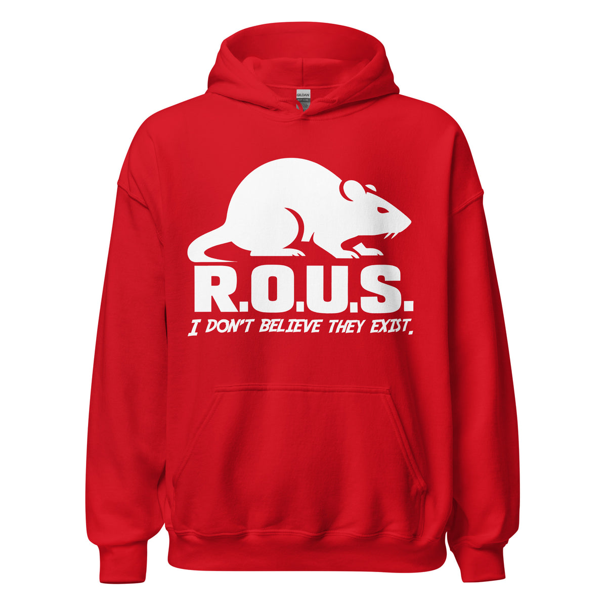 Red pullover hoodie, front view, featuring the R.O.U.S. Disbelief Statement design