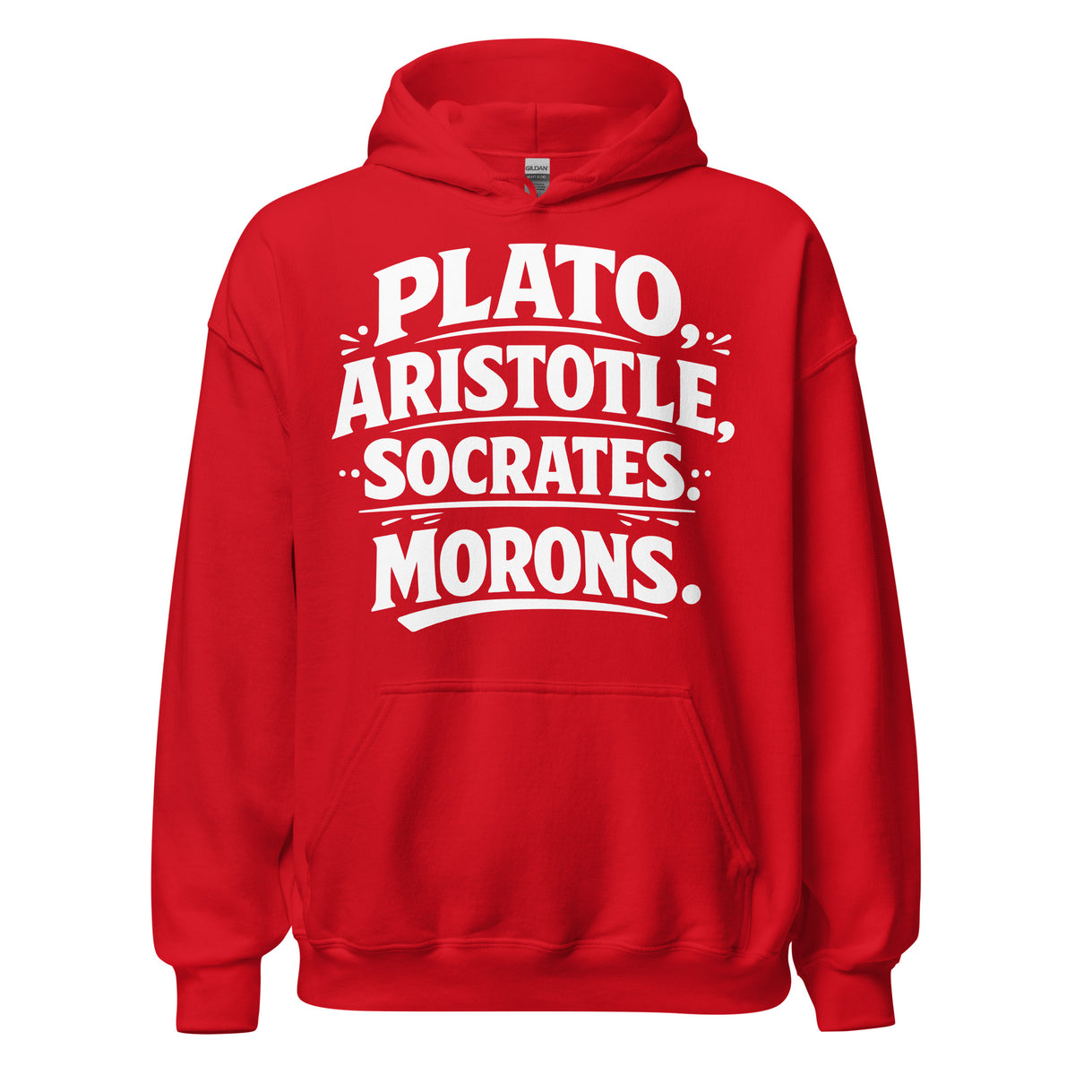 Red pullover hoodie, front view, featuring the Classical Thinkers design