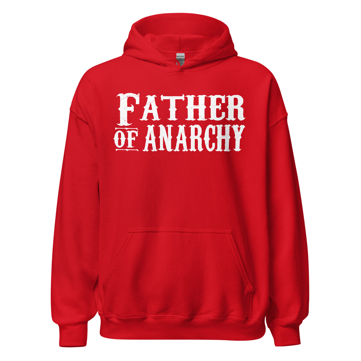 Red pullover hoodie, front view, featuring the Father of Anarchy Hoodie design