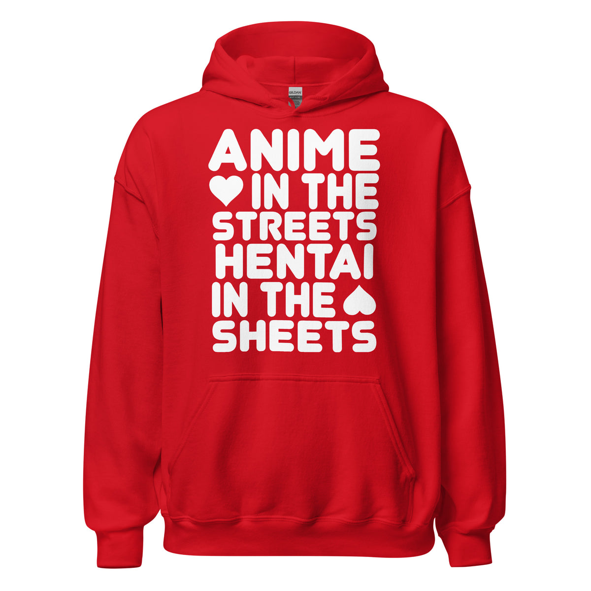 Red pullover hoodie, front view, featuring the Anime in the Streets / Hentai in the Sheets Hoodie design
