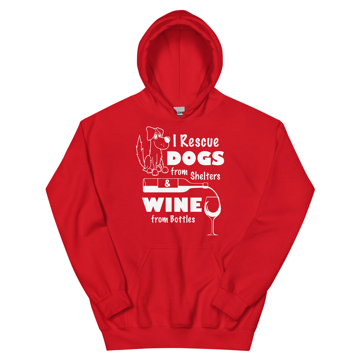 Red pullover hoodie, front view, featuring the Saving Dogs and Sipping Wine design