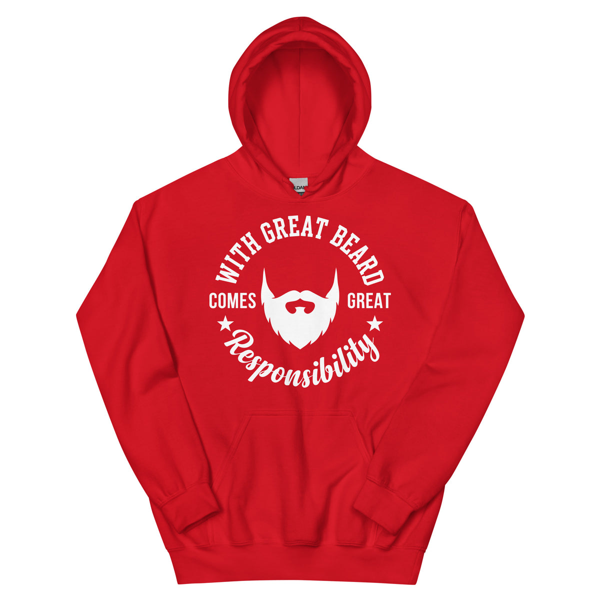 Red pullover hoodie, front view, featuring the With Great Beard Comes Great Responsibility design