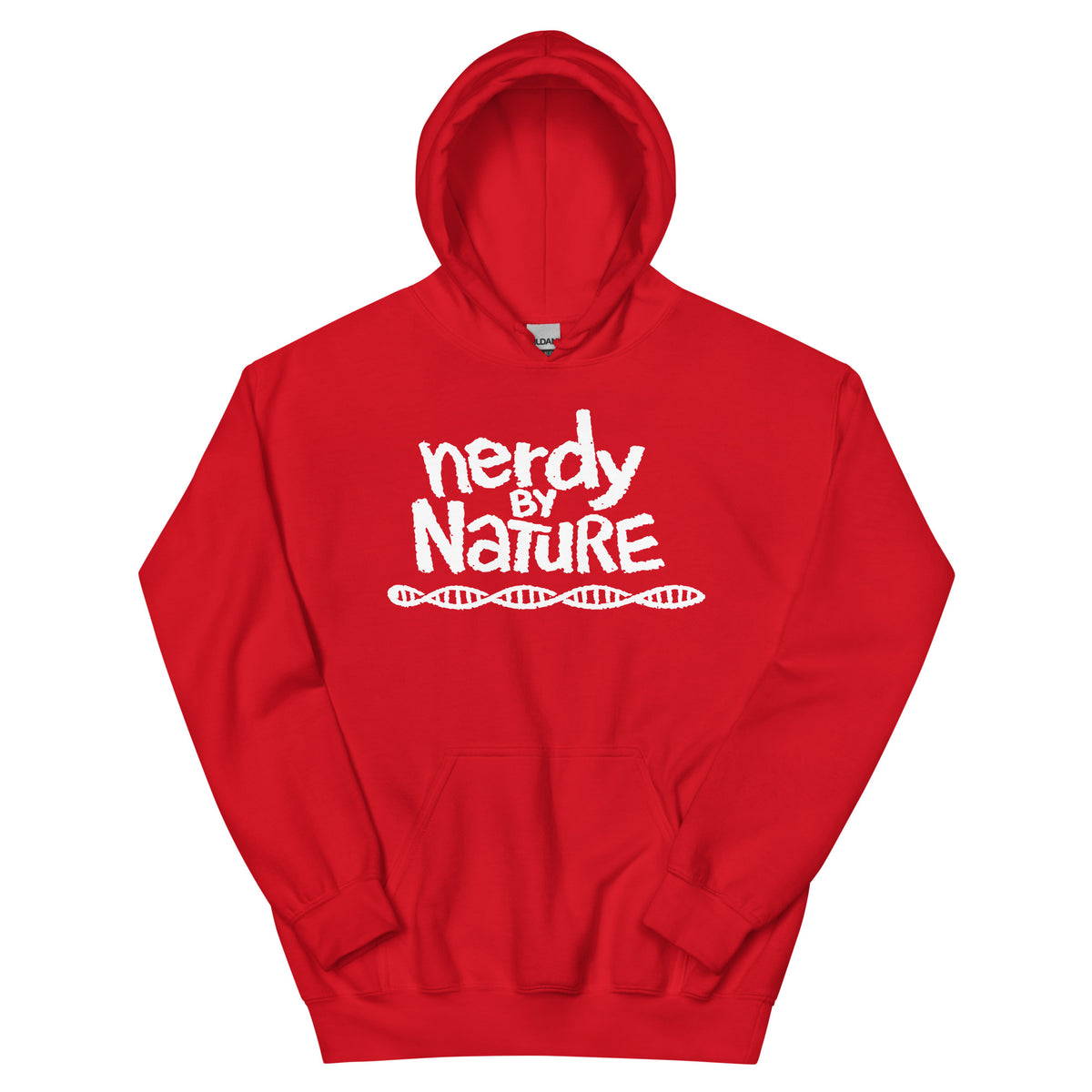 Red pullover hoodie, front view, featuring the Nerdy By Nature design