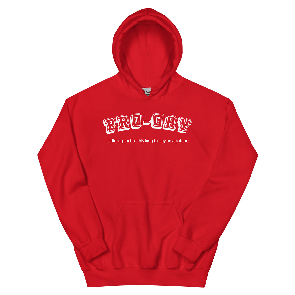 Red pullover hoodie, front view, for the PRO-GAY varsity lettering and professional-versus-amateur Pride joke design.