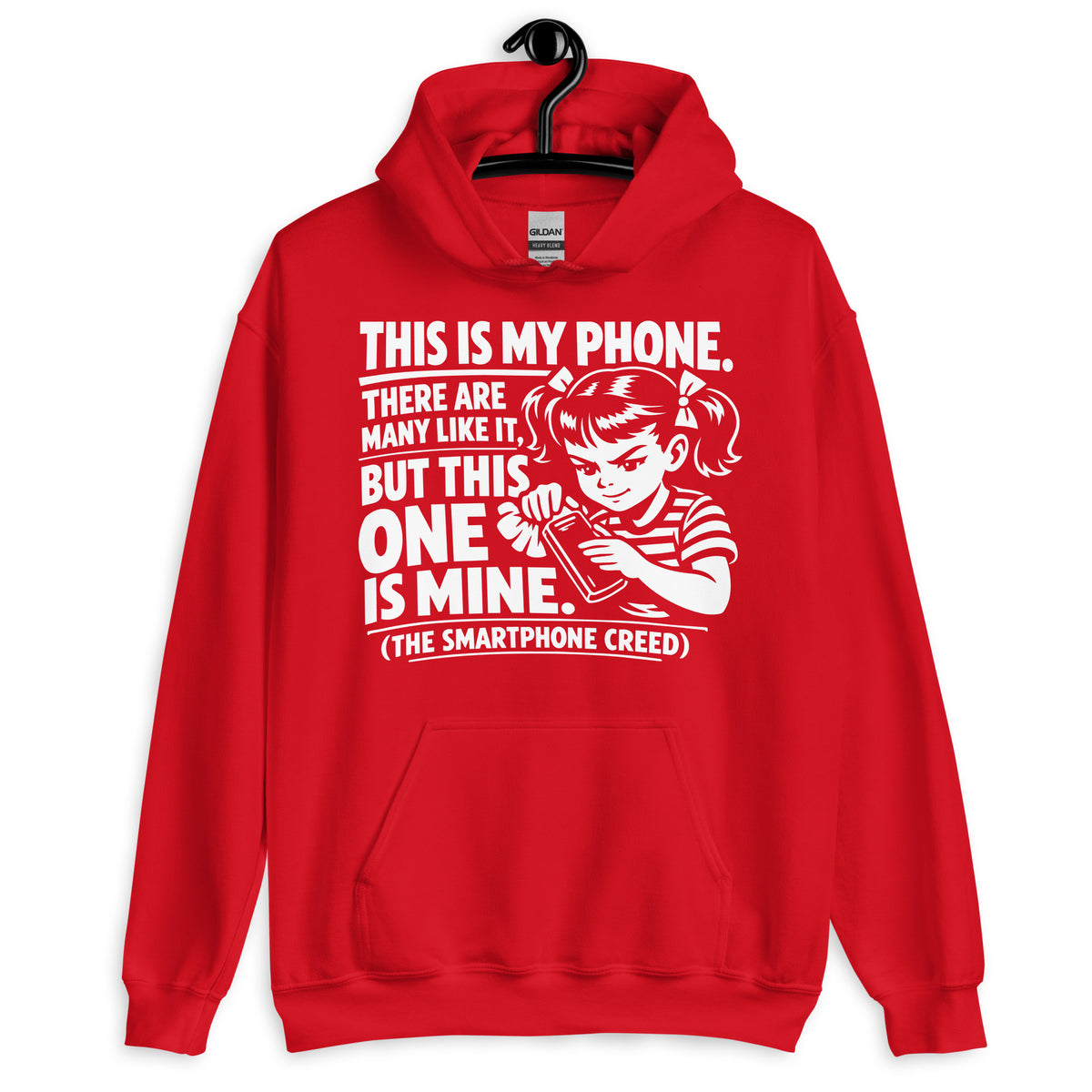 Red pullover hoodie, front view, showing a mockup for Smartphone Creed retro woman holding a phone and statement lettering.