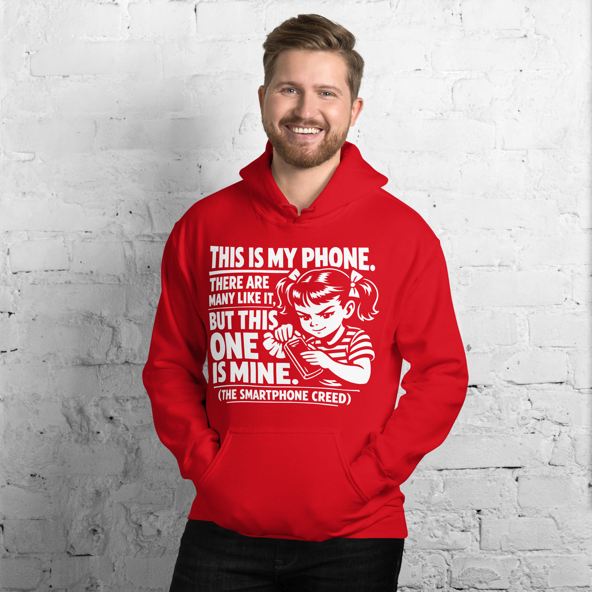 Red pullover hoodie, front view, showing a mockup for Smartphone Creed retro woman holding a phone and statement lettering.