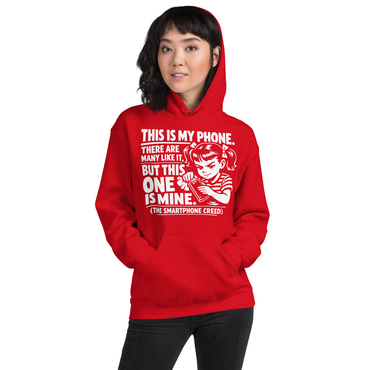 Red pullover hoodie, front view, showing a mockup for Smartphone Creed retro woman holding a phone and statement lettering.