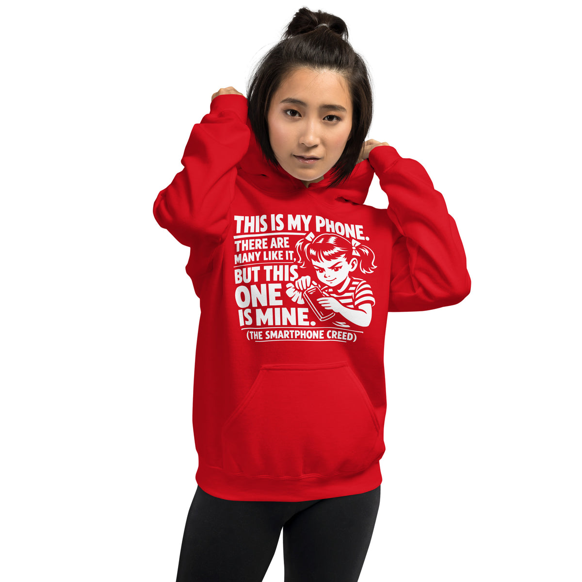 Red pullover hoodie, front view, showing a mockup for Smartphone Creed retro woman holding a phone and statement lettering.