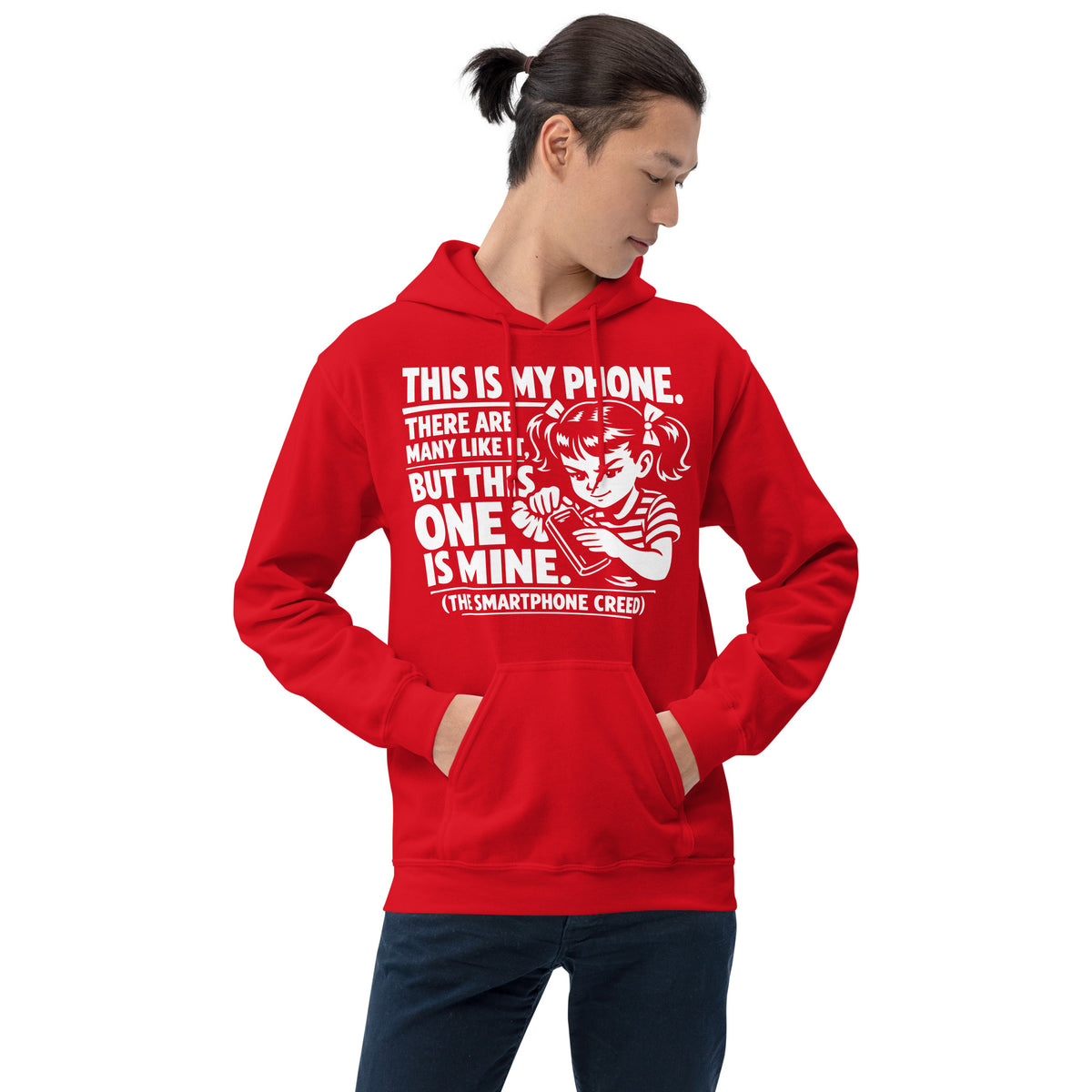 Red pullover hoodie, front view, showing a mockup for Smartphone Creed retro woman holding a phone and statement lettering.