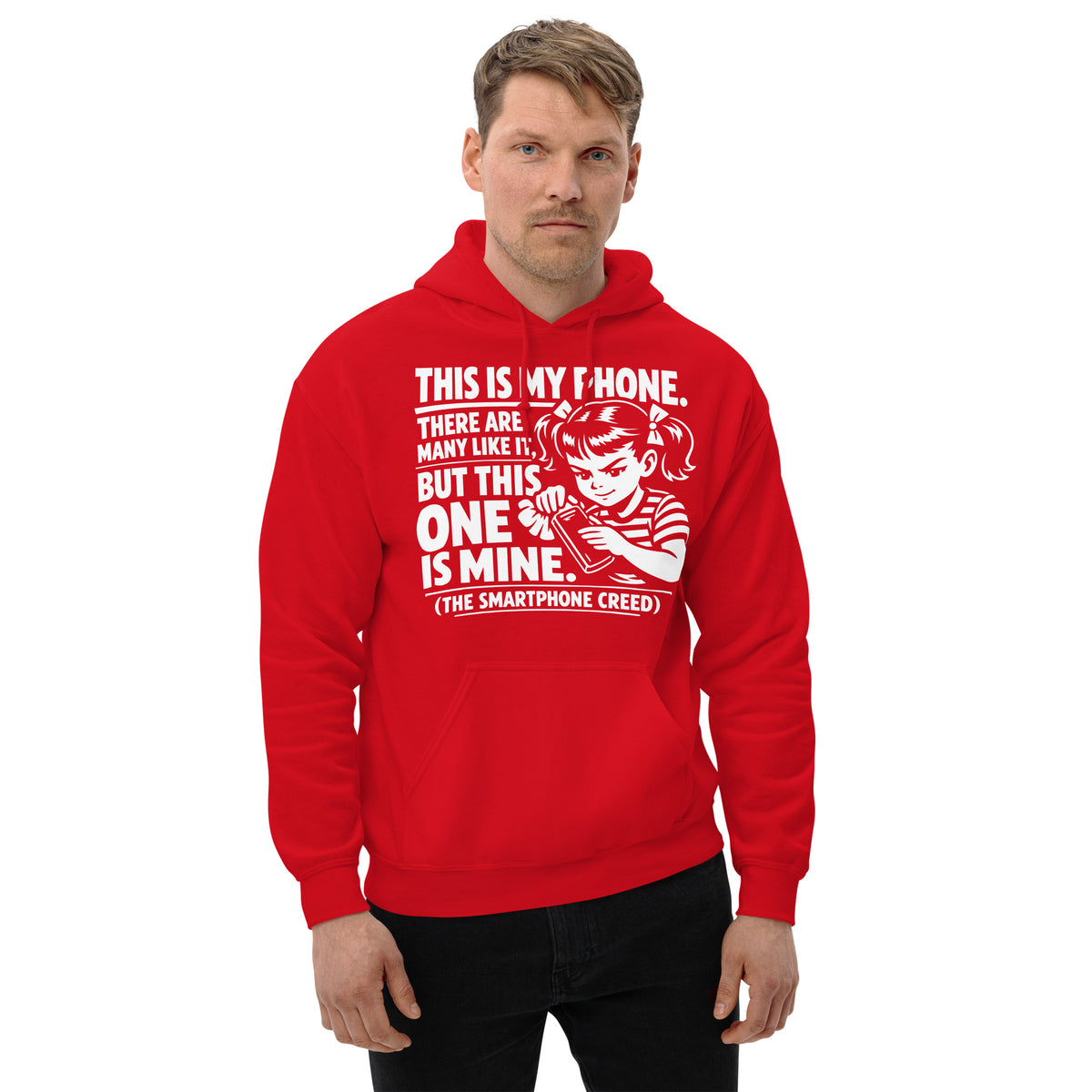 Red pullover hoodie, front view, showing a mockup for Smartphone Creed retro woman holding a phone and statement lettering.