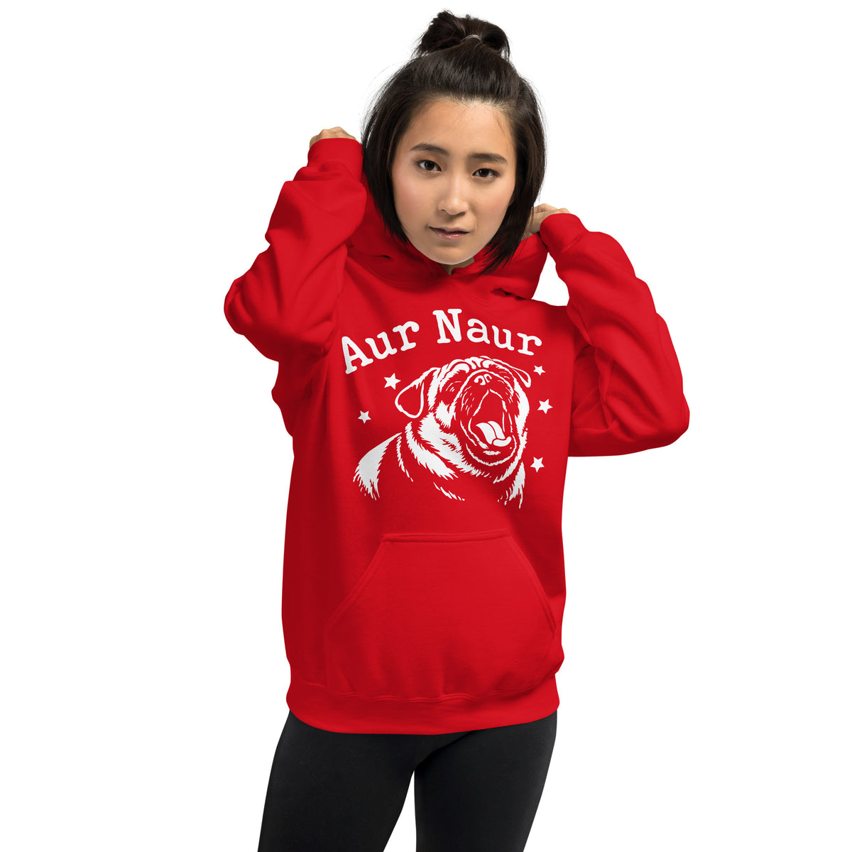 Red pullover hoodie, front view, featuring Aur Naur white pug portrait and star-accented lettering.
