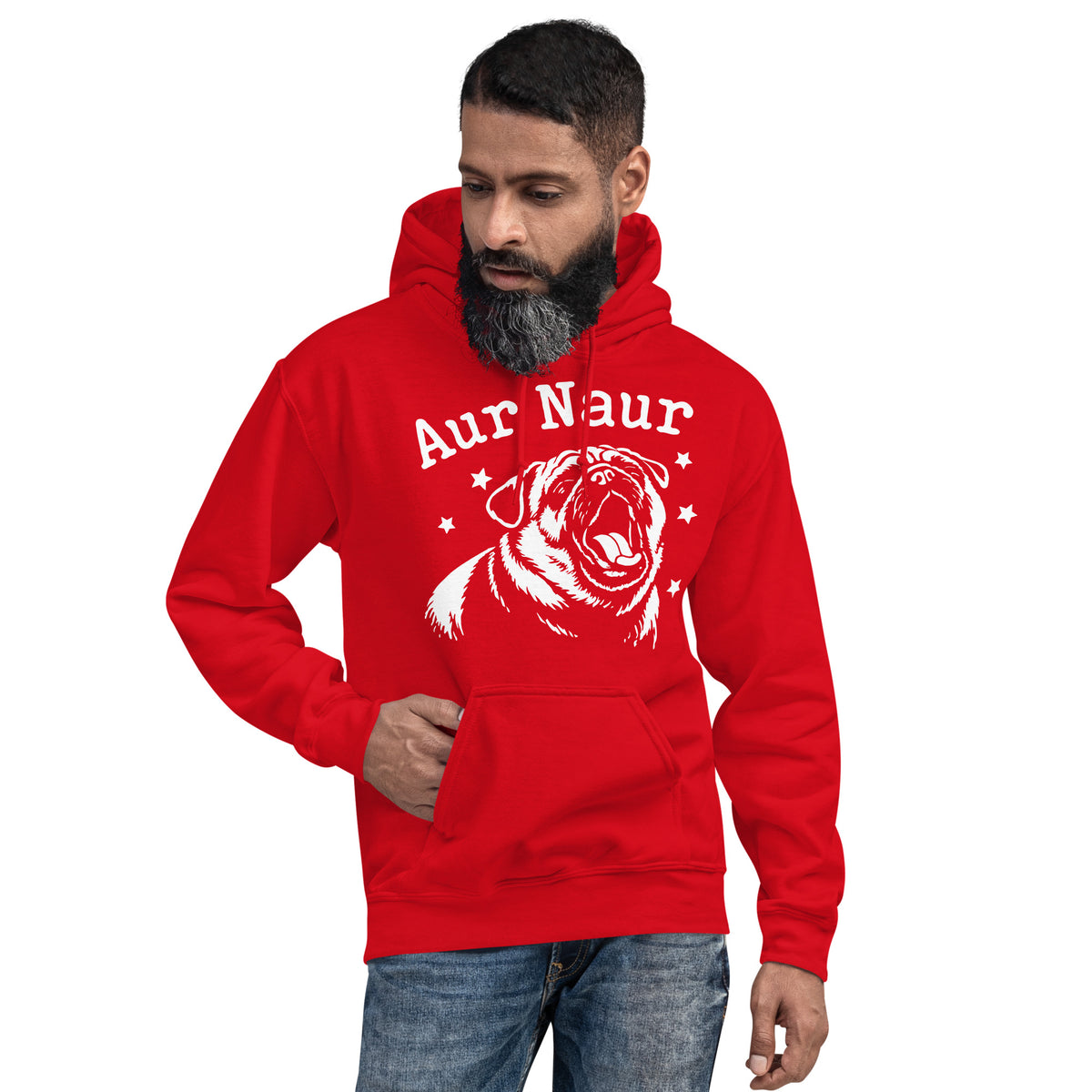 Red pullover hoodie, front view, featuring Aur Naur white pug portrait and star-accented lettering.
