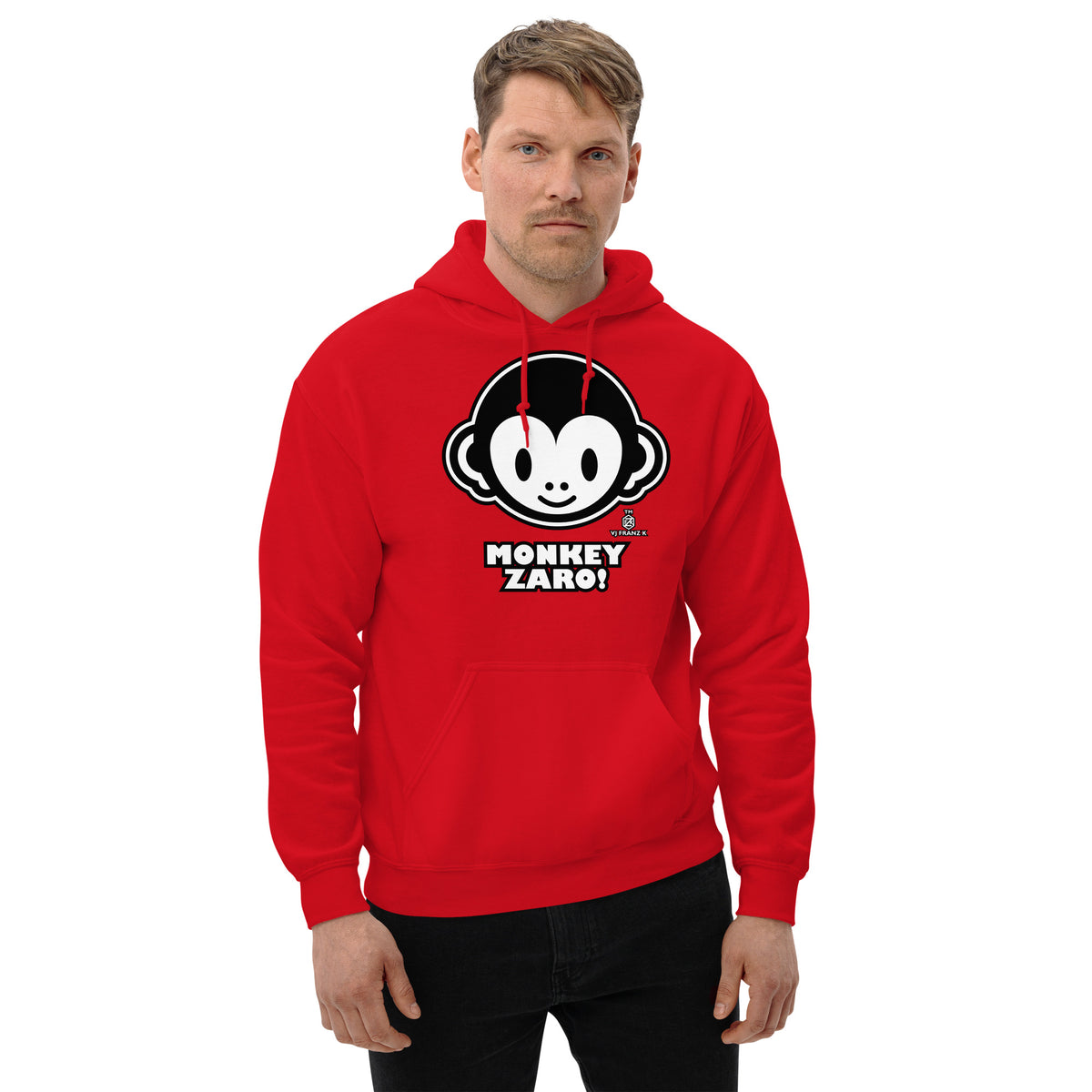 Red pullover hoodie, front view, featuring Monkey Zaro! white cartoon monkey face and lettering.