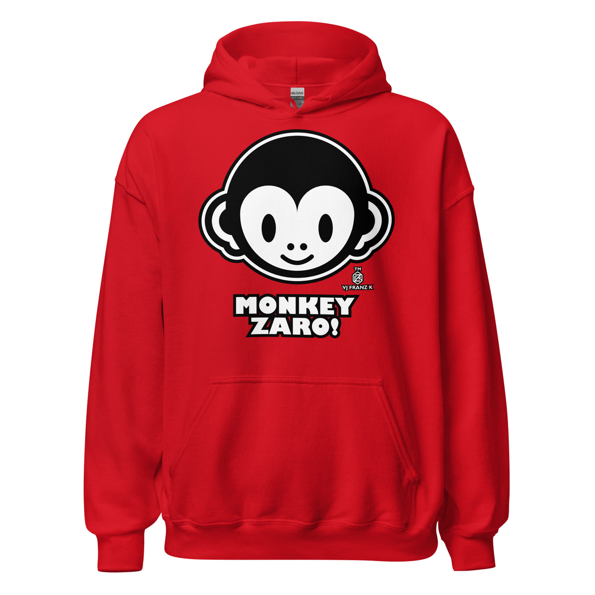 Red pullover hoodie, front view, featuring Monkey Zaro! white cartoon monkey face and lettering.