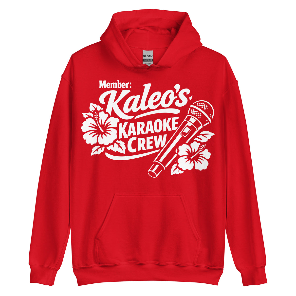 Red pullover hoodie, front view, featuring Kaleo's Karaoke Crew lettering, microphone, and hibiscus flowers.