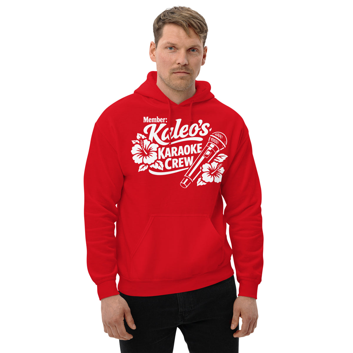 Red pullover hoodie, front view, featuring Kaleo's Karaoke Crew lettering, microphone, and hibiscus flowers.