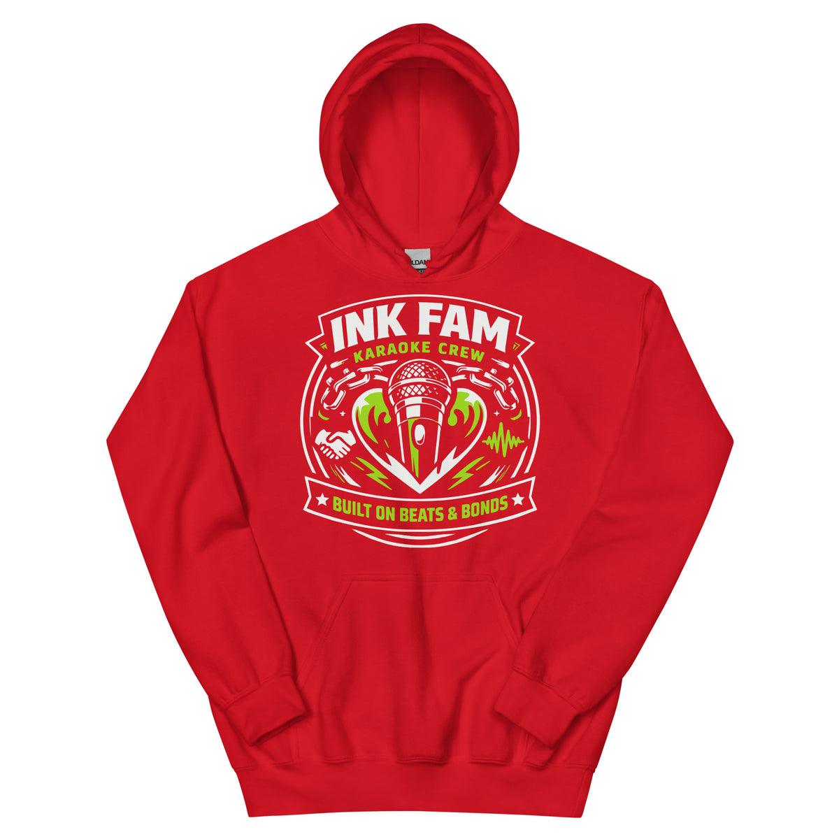 Red pullover hoodie, front view, featuring DJ Ink Beats & Bonds shield with a microphone and green-and-white lettering.