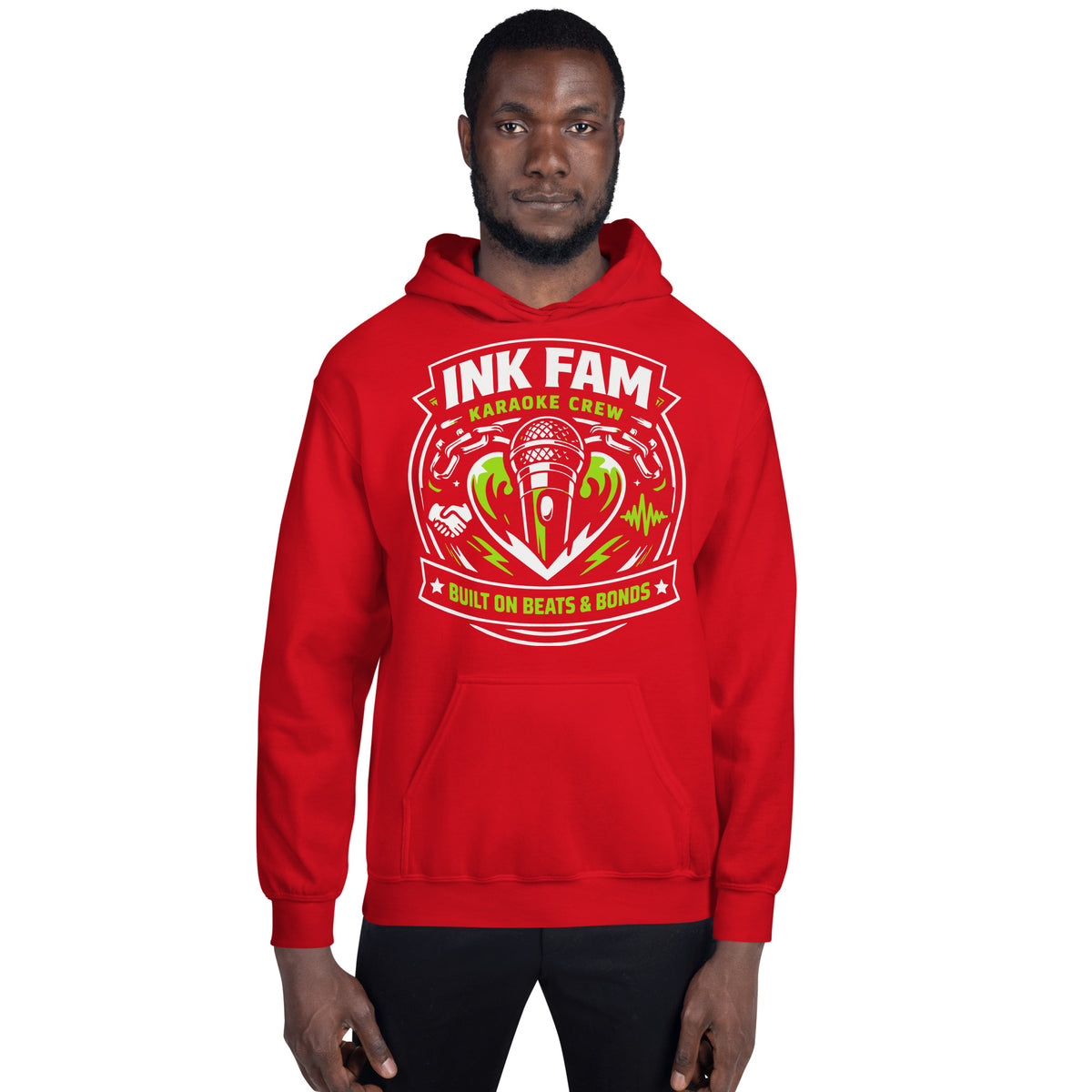 Red pullover hoodie, front view, featuring DJ Ink Beats & Bonds shield with a microphone and green-and-white lettering.