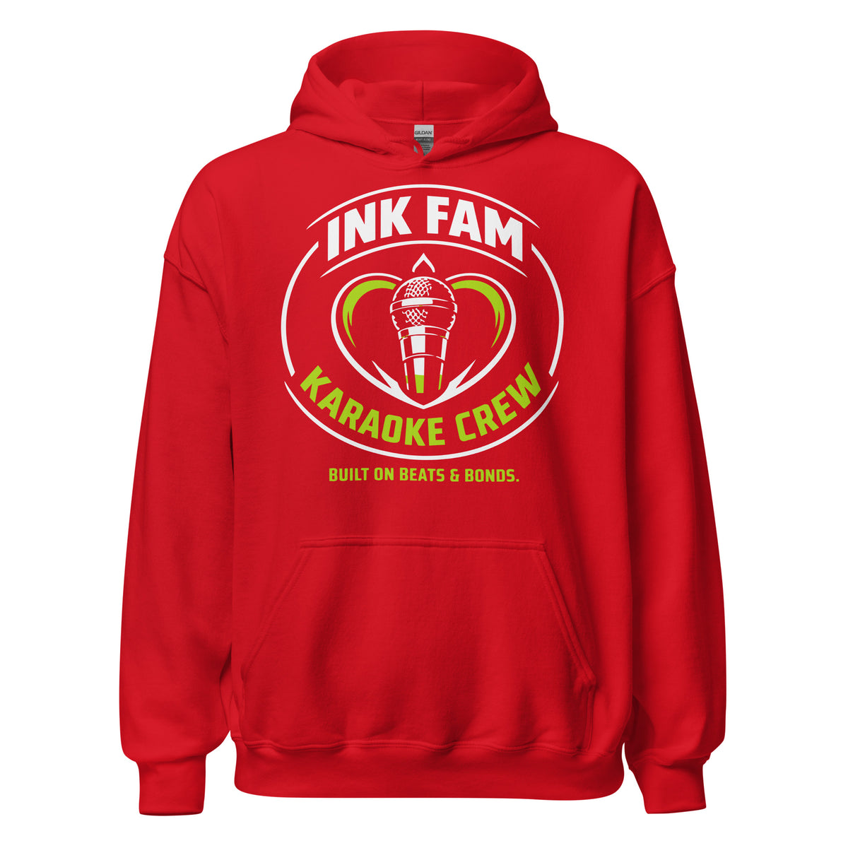 Red pullover hoodie, front view, featuring the green-and-white circular DJ Ink Fam microphone badge.