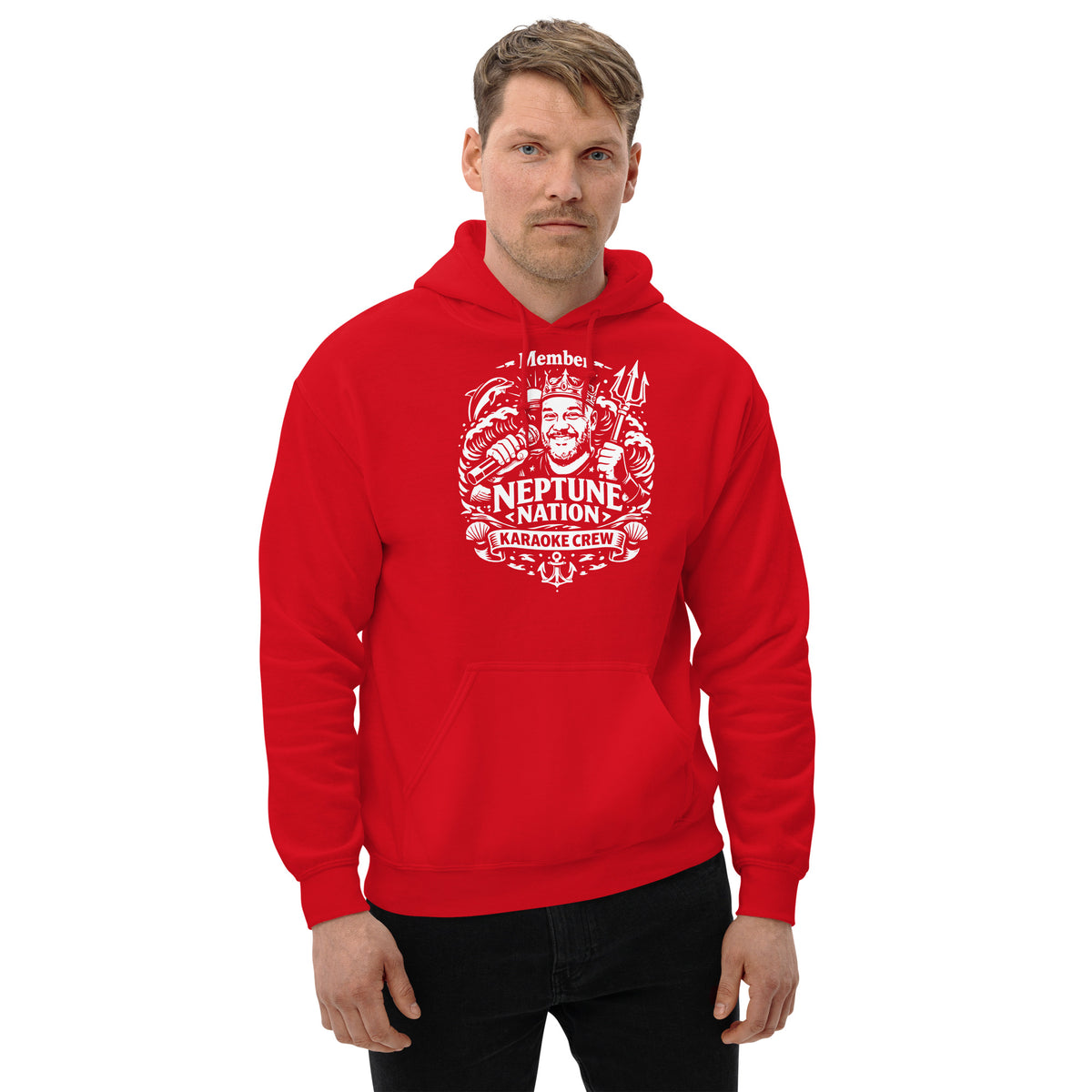 Red pullover hoodie, front view, featuring KJ Neptune's Neptune Nation nautical microphone and trident badge.