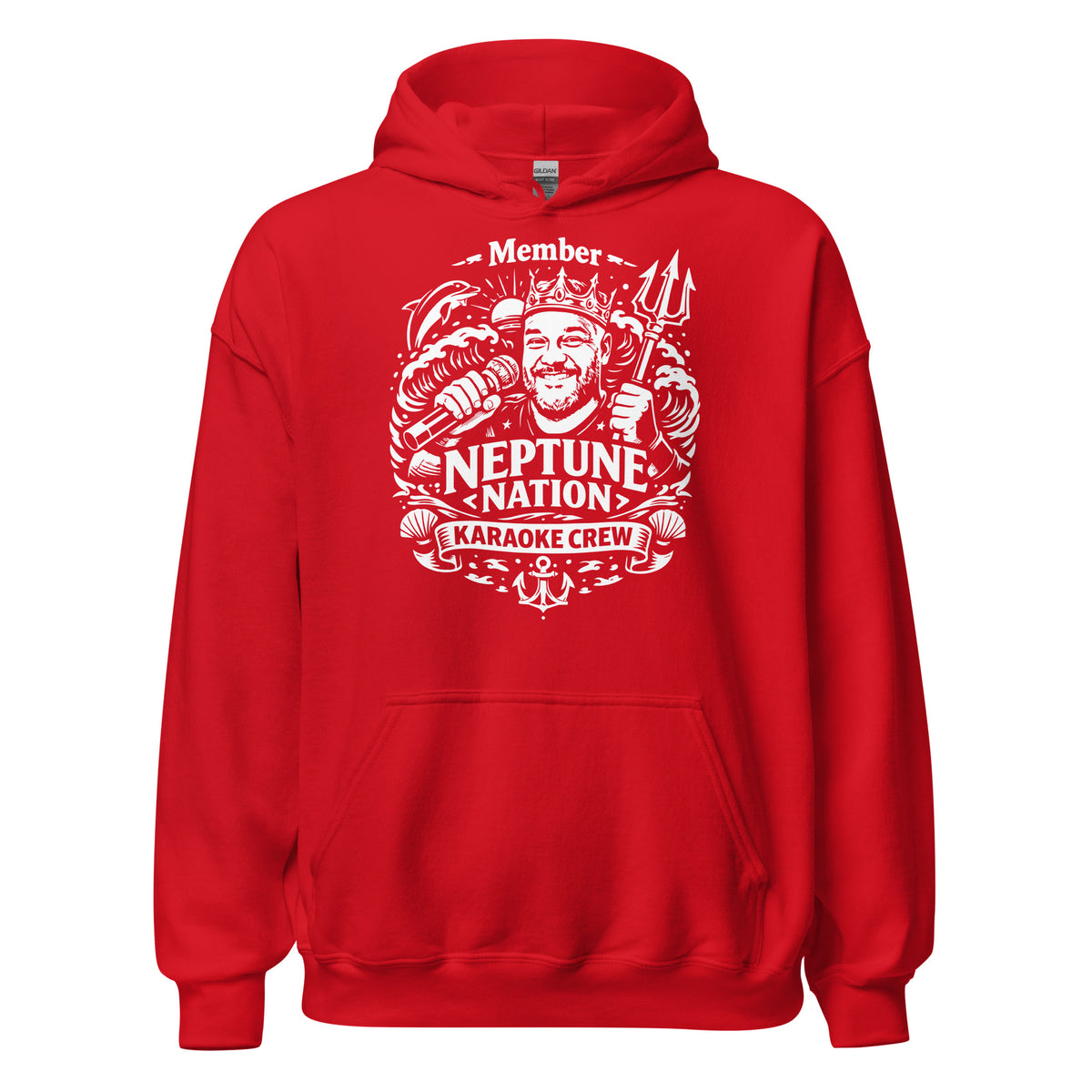 Red pullover hoodie, front view, featuring KJ Neptune's Neptune Nation nautical microphone and trident badge.