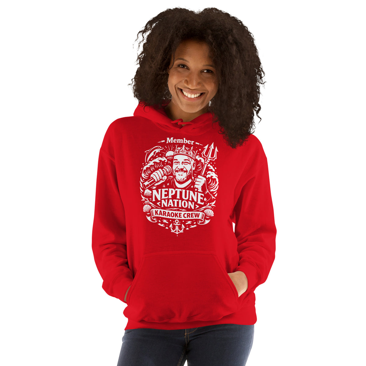Red pullover hoodie, front view, featuring KJ Neptune's Neptune Nation nautical microphone and trident badge.