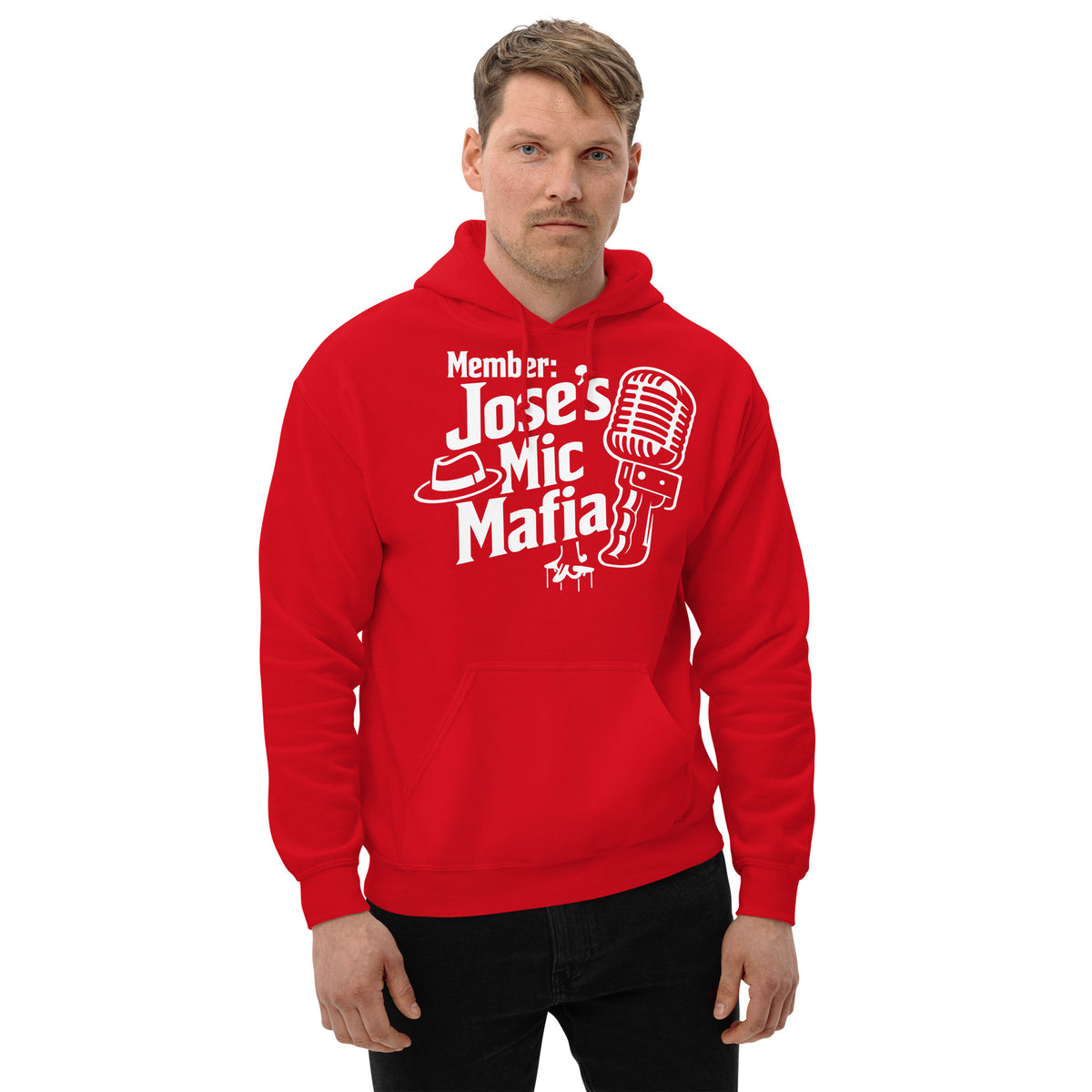 Red pullover hoodie, front view, featuring Jose's Mic Mafia microphone and fedora design.
