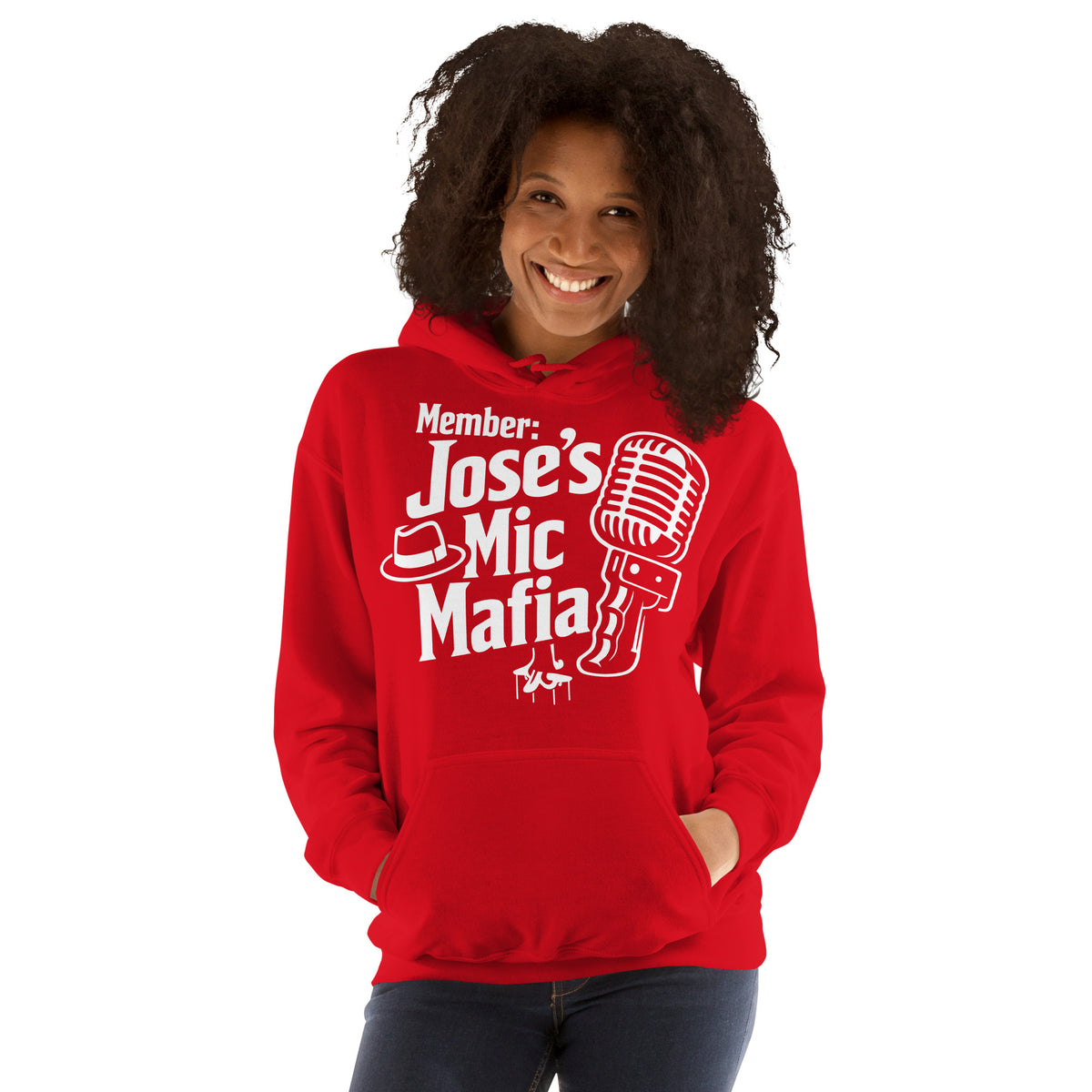 Red pullover hoodie, front view, featuring Jose's Mic Mafia microphone and fedora design.