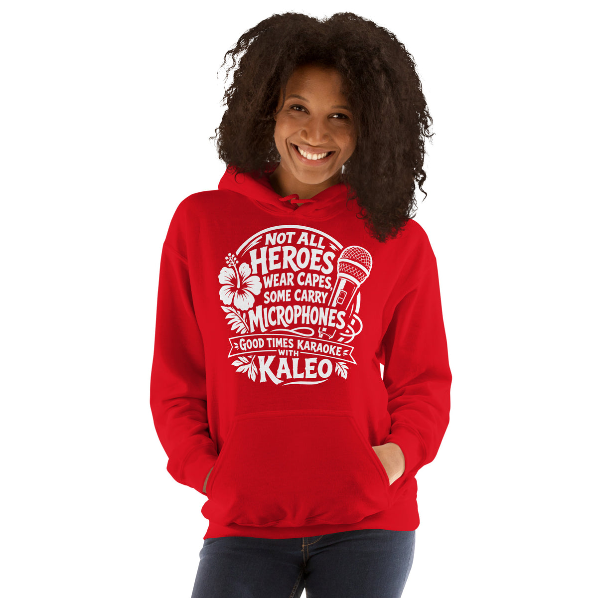 Red pullover hoodie, front view, featuring Kaleo's Karaoke Heroes 'Not All Heroes Wear Capes, Some Carry Microphones' graphic.
