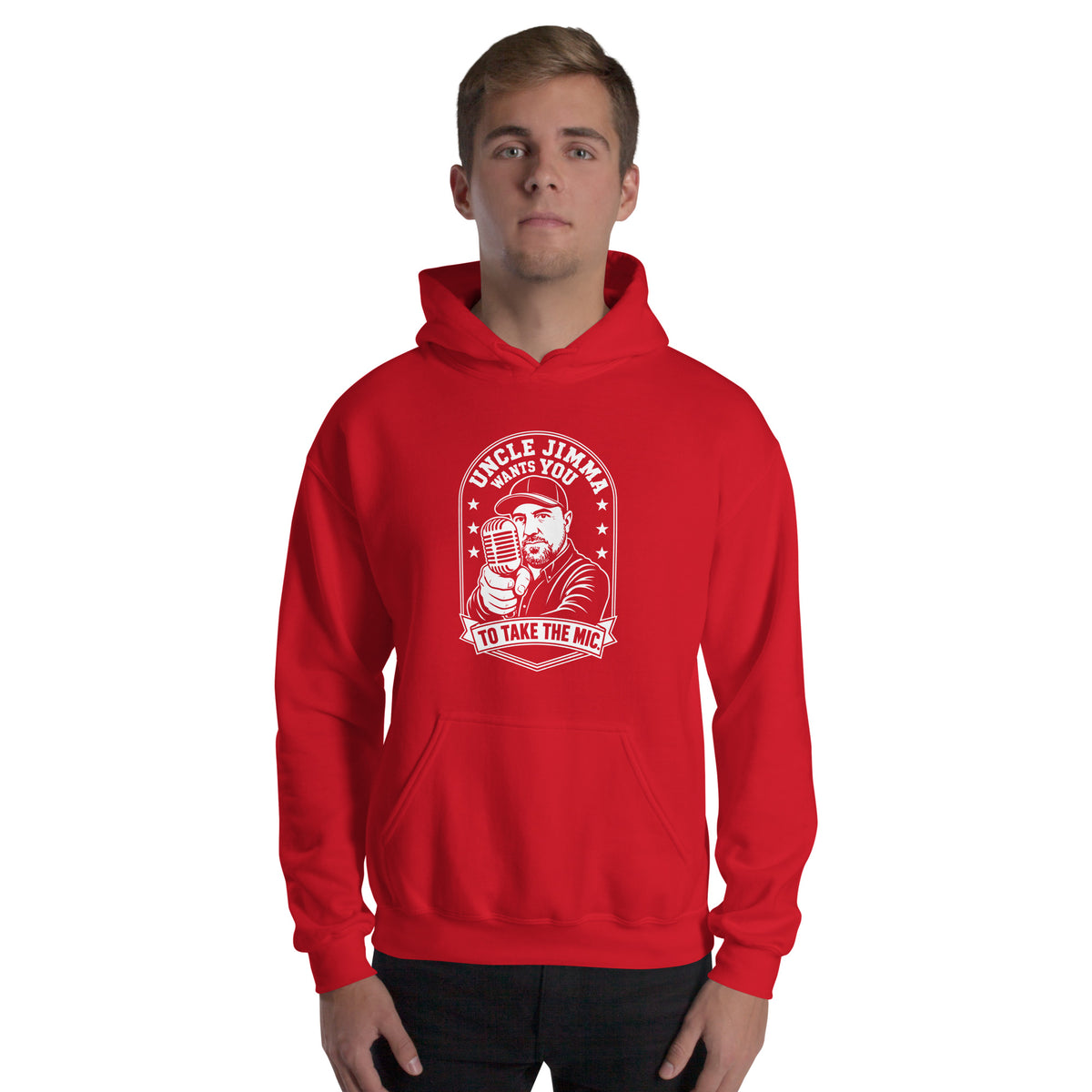 Red pullover hoodie, front view, featuring Uncle Jimma Wants You to Take the Mic pointing portrait and microphone.