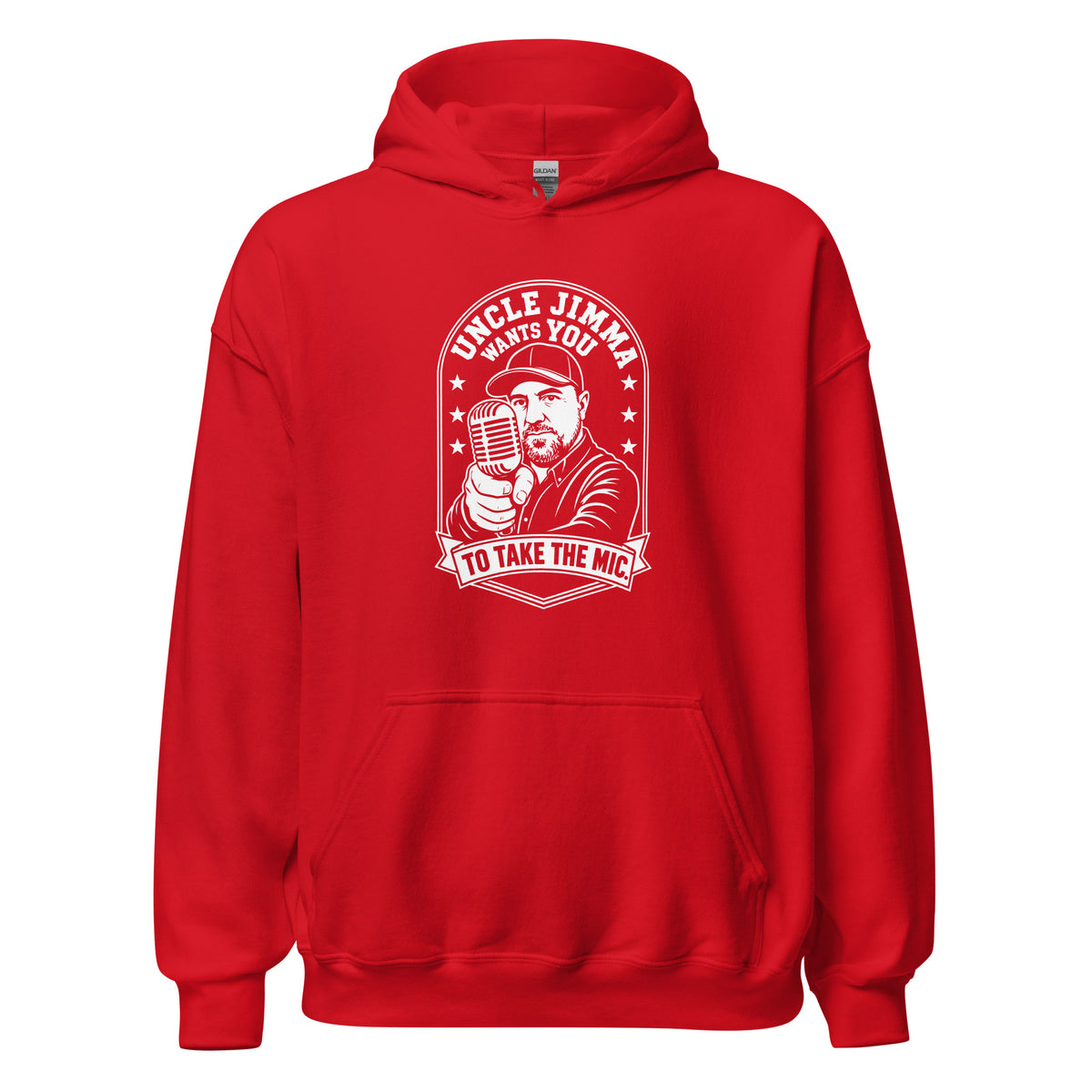 Red pullover hoodie, front view, featuring Uncle Jimma Wants You to Take the Mic pointing portrait and microphone.
