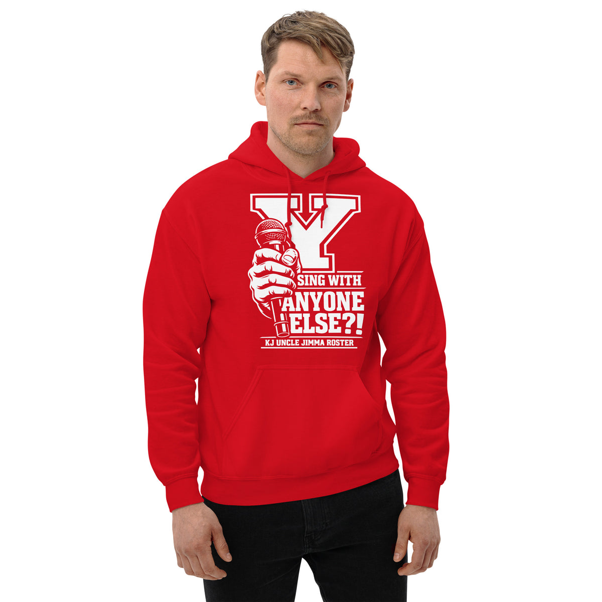 Red pullover hoodie, front view, featuring Uncle Jimma Roster Anthem varsity Y with hand-held microphone.