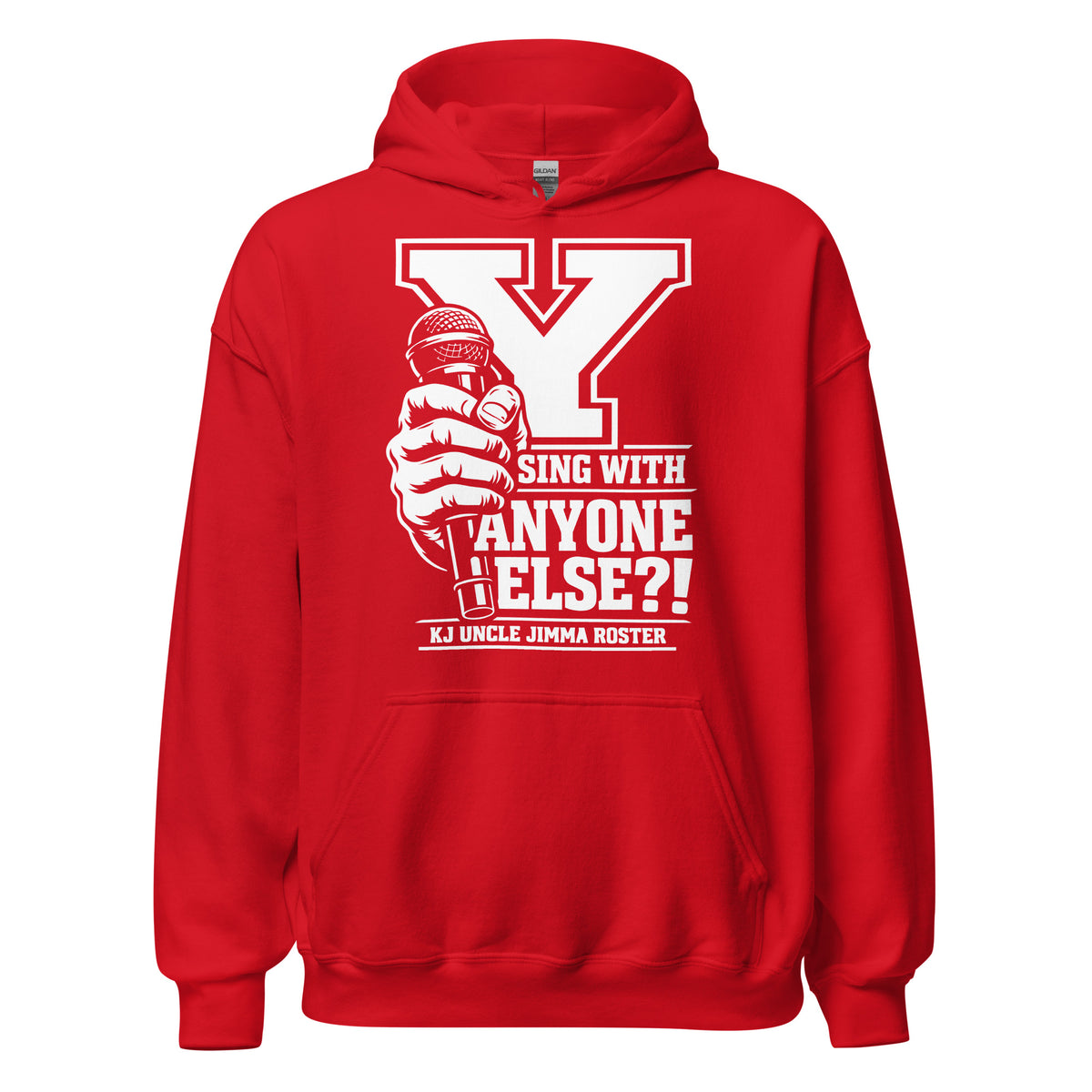 Red pullover hoodie, front view, featuring Uncle Jimma Roster Anthem varsity Y with hand-held microphone.